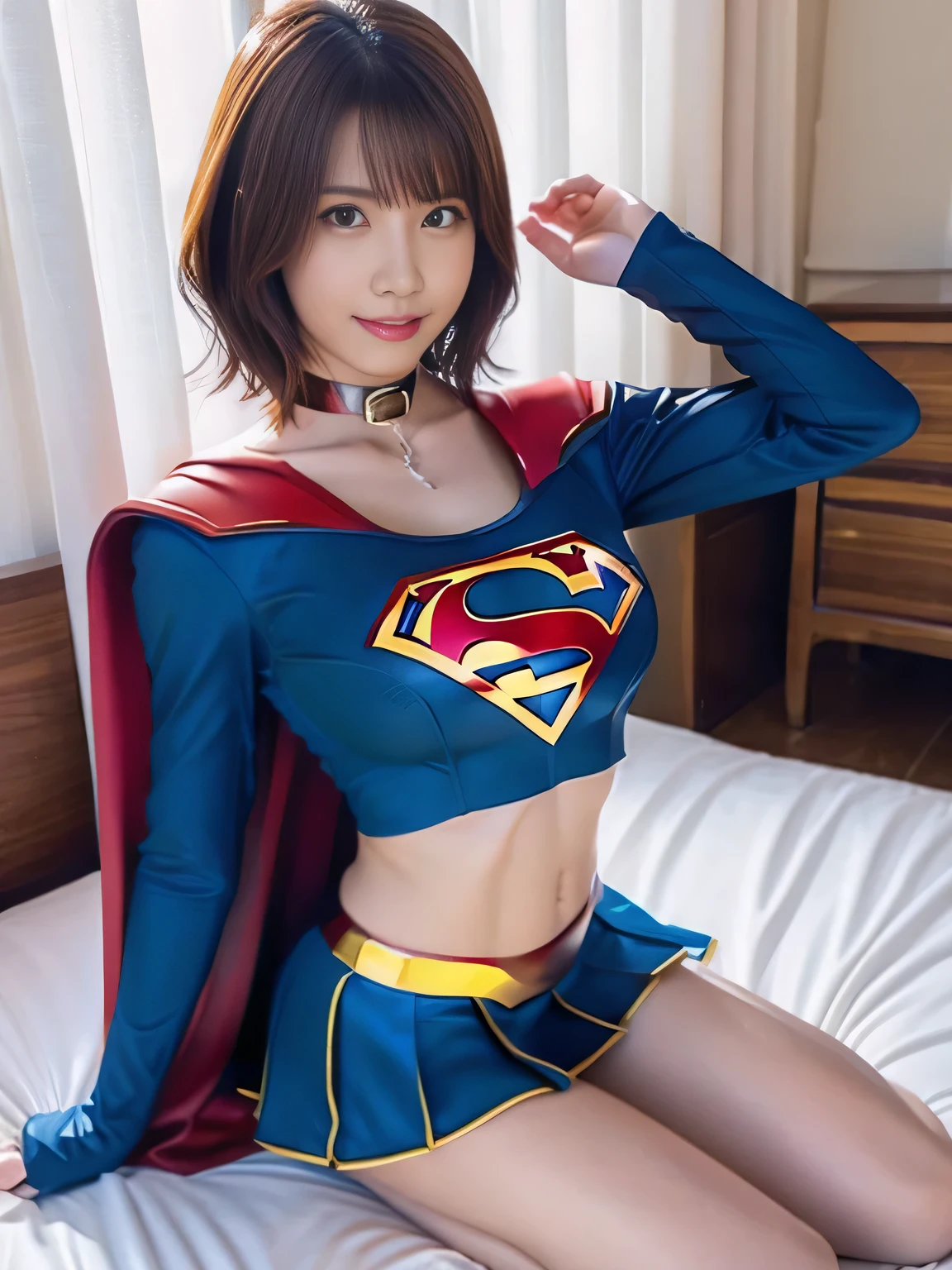 masterpiece、supergirl costume、short hair、barefoot、big and full breasts、Bedroom、straddle the bed、sexy pose、athlete、shiny、looking at camera、Seduce、choker、long sleeve、red mini skirt、Weekly magazine cover、
