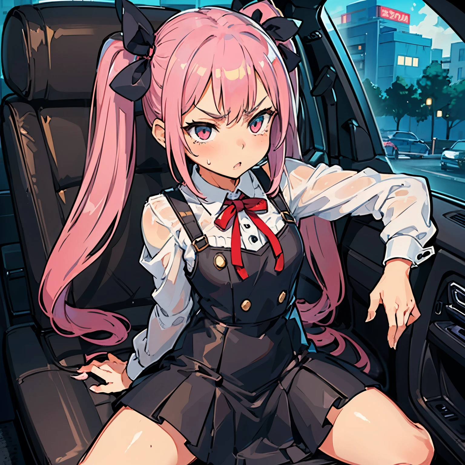 Girl with pink hair, long twin-tail hairstyle, small bushy eyebrows, dressed in gothic ta outfit, loli(Zankuro) drawing style by zankuro artist, Zancrow style, image uploaded to R34, moving her skirt to show her wet vagina with semen, sitting inside a car, with an angry face and teary eyes