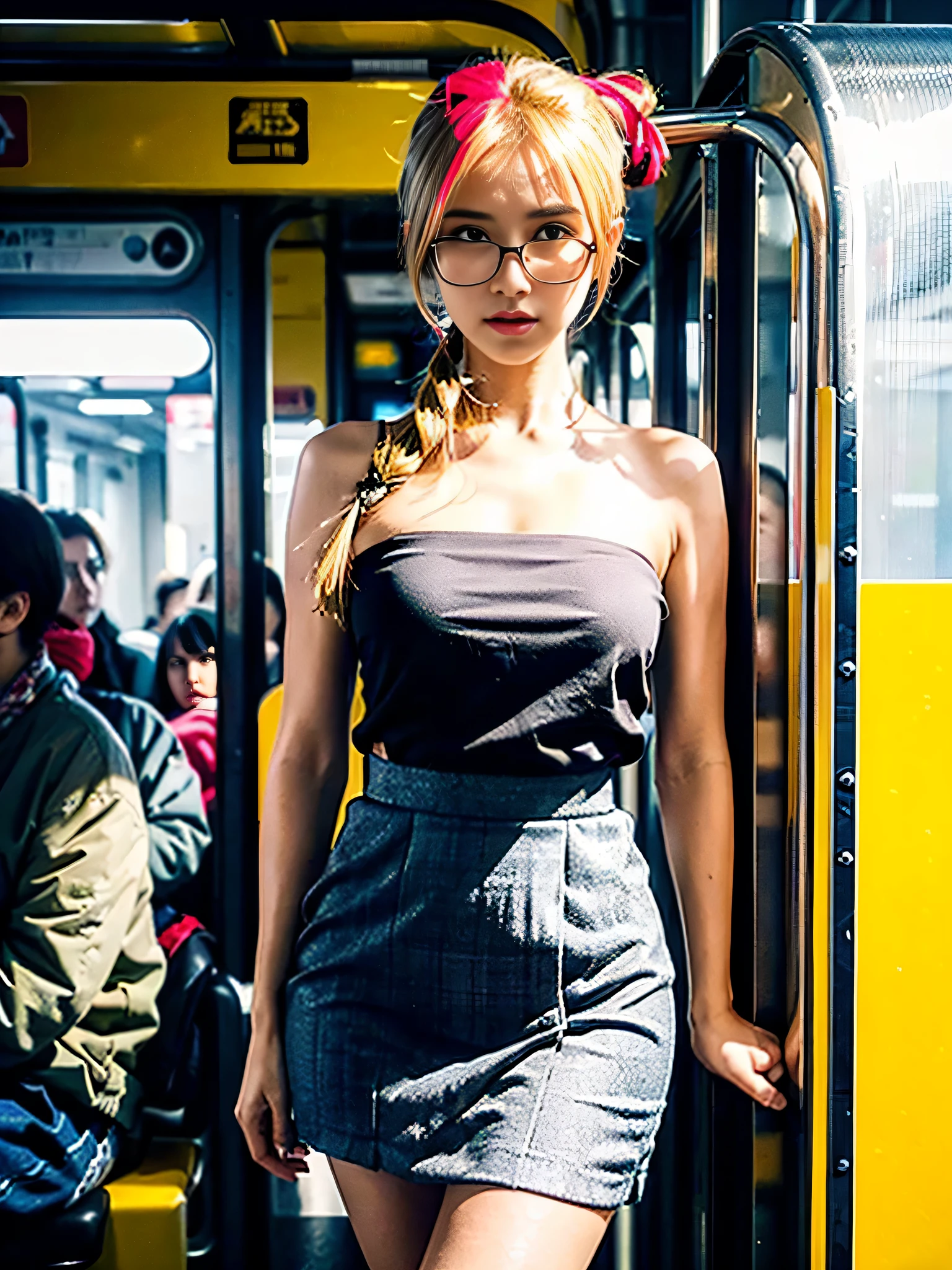 Masterpiece, Top quality, high resolution，
1womanl, a matural female:1.5, (Medium hair, blond hairbl), pony tails, Beautiful face, beautiful detailed brown eyes, 
Beautiful body, Large breasts:0.7, beautiful , beautiful thigh,
pleatedskirt, miniskirt
Nice half-breed girl，Crowded carriages，People crowd people，People huddled together，The person behind him grabbed the hem of the skirt with one hand，The train is crowded，The man behind him grabbed the hem of the skirt，Bandeau，Reveal a little，Wearing glasses