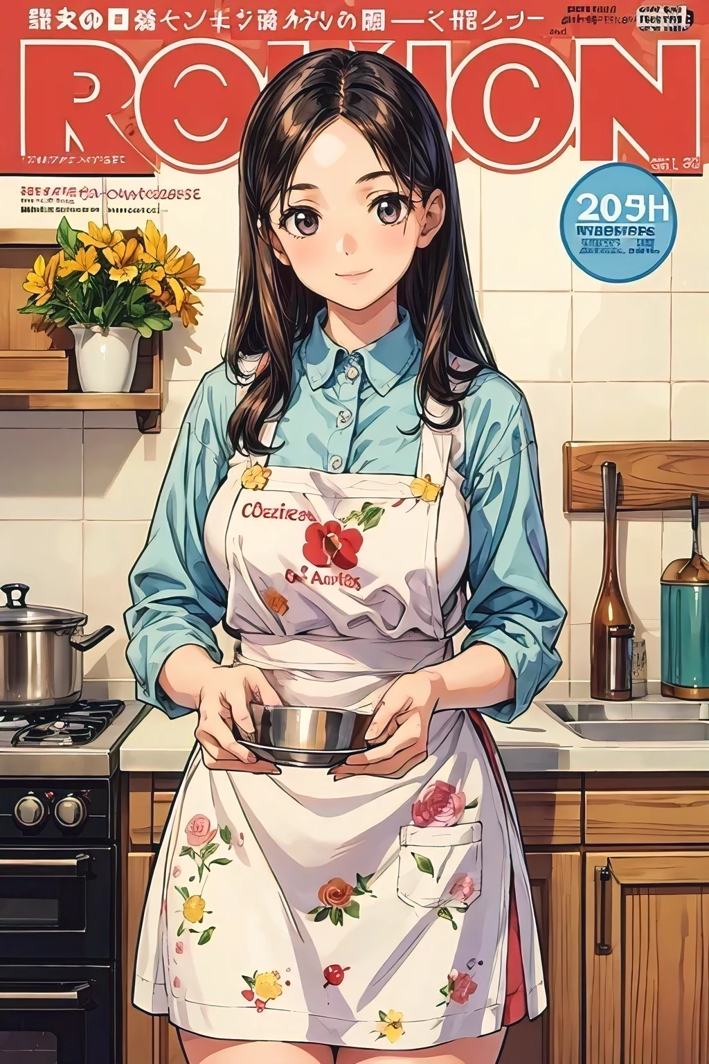 (Highest quality, masterpiece),Sexy Mom, Cover of a cooking magazine for women, , naked, erotic, 18+, Browsing Caution, One girl, 30 years old, amazing, cute, Heartwarming Smile, Hourglass Shape, Wearing a floral dress, apron, Beautiful Food, article, Chart, advertisement, Magazine Title, Super short blue hair