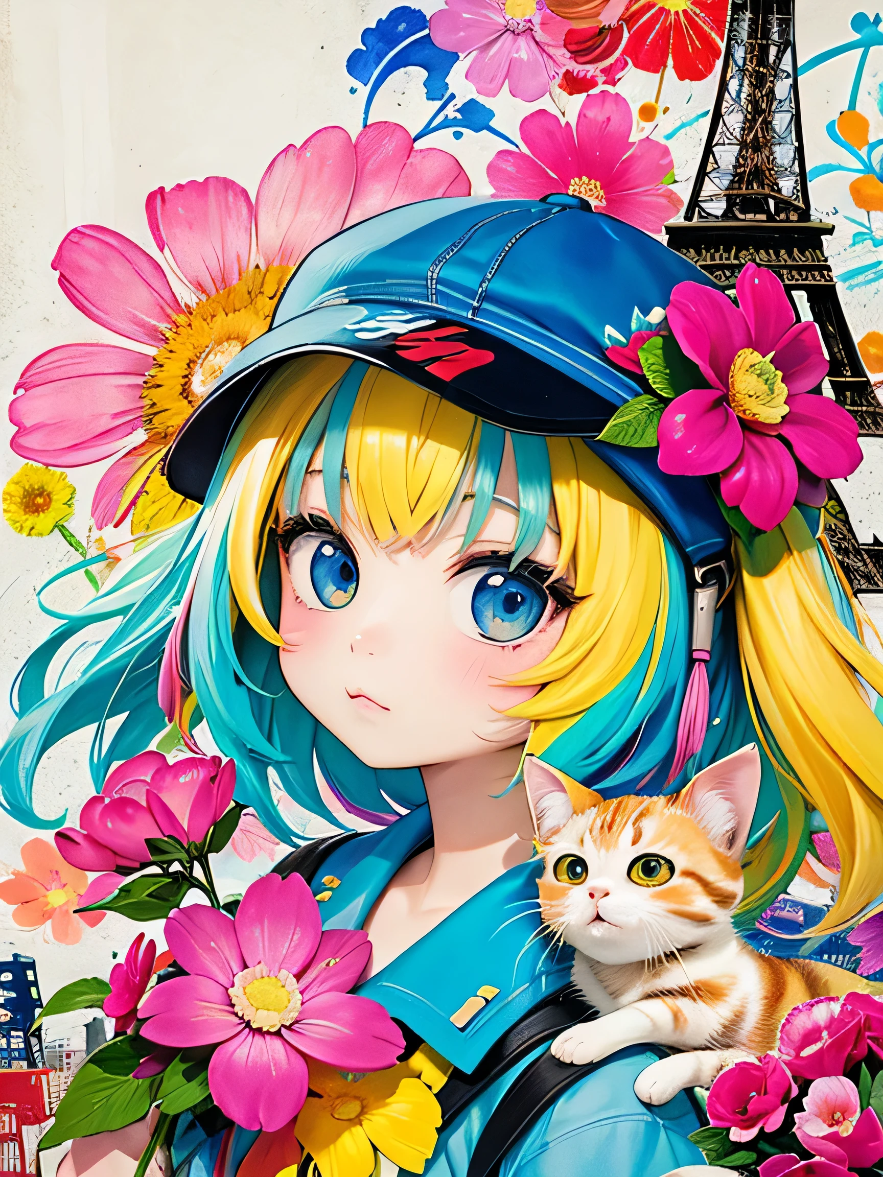 8K quality, Takashi murakami'illustration of, intense watercolor, watercolor detailed art, watercolor splash, surreal, avant-garde pop art, Beautiful and expressive paintings, 美しいアートワークillustration of, very colorful tones, wonderful, cool beauty, highest quality,official art, vector art,stylish design, (((1 cute kitten))), (((highest quality))), HDR, ((Detailed details)), (((graffiti art))), ((masterpiece))、((Super detailed))、(((colorful flowers)))、(((Paris cityscape)))