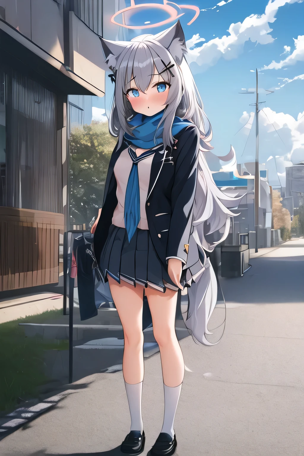 highest quality, masterpiece, High resolution, 一人in,((full body)), (change:1.2),,{Shiroko_bluearchive:1.15}, animal_ears, animal_ear_fluff, 前hair, green_eye, gray_hair, hair_ornament, Hello, cross_hair_ornament, misminched_student, Extra_ears, Moderate_hair, blush, chest, cin_ears, hair_between_eye, Wolf_ears, 1 girl, green_scarf, Jacket, looking for_in_viewer, scarf, shirt, white_shirt, School_uniform, null, green_null, outdoor, cloud, Day, Broke up_lips, gloves, thin legs,toes,Are standing