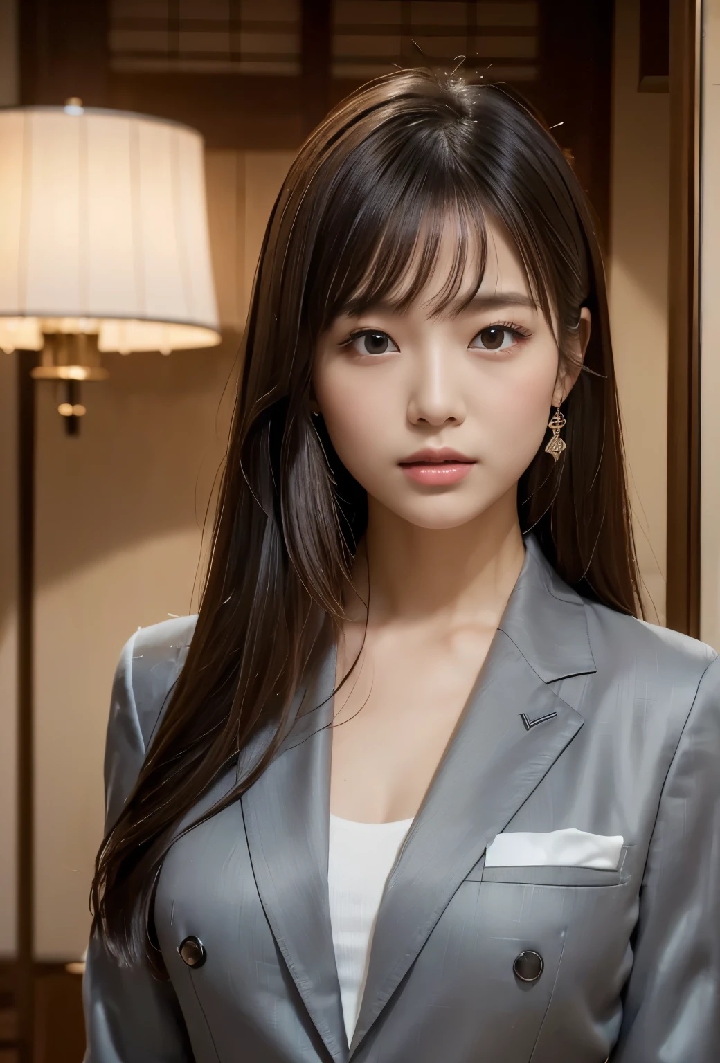 (((luxury:1.3, indoor, Photographed from the front))), ((long hair:1.3, suit,japanese woman,cute)), (clean, natural makeup), (highest quality, masterpiece:1.3, 超High resolution), (Super detailed, caustics), (realistic:1.4, RAW shooting), very detailed, High resolution, 16K resolution