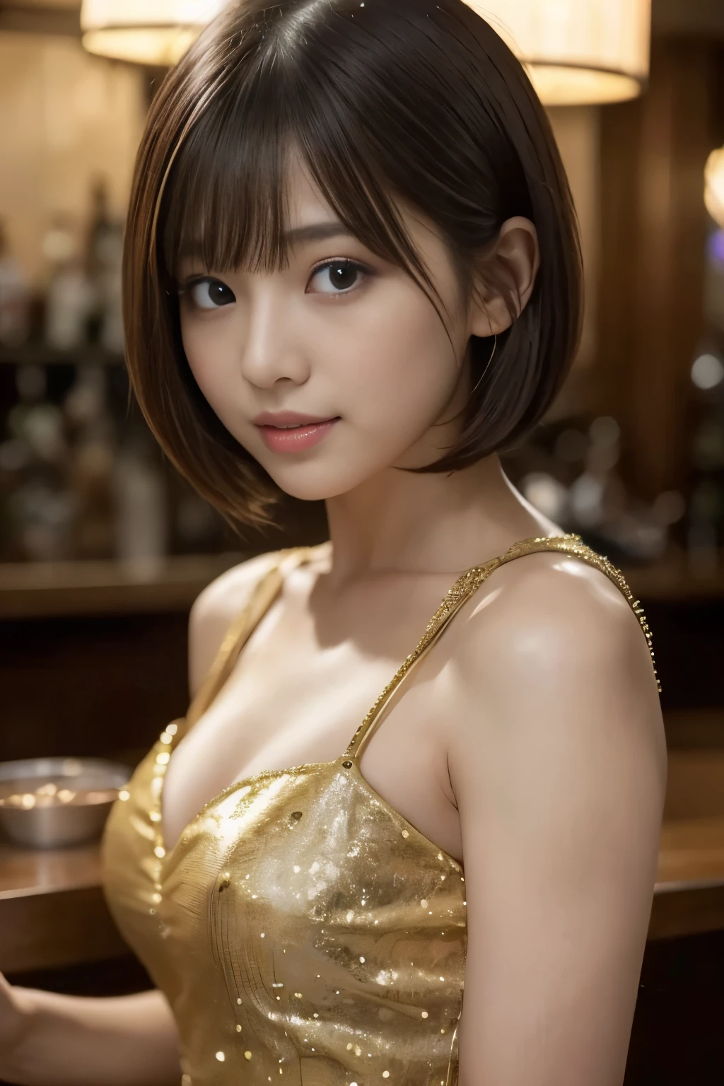 (((bar:1.3, dim lighting))), ((medium bob:1.3, party dress, Japan woman in dress, cute)), (clean, natural makeup), (highest quality, masterpiece:1.3, 超High resolution), (Super detailed, caustics), (realistic:1.4, RAW shooting), very detailed, High resolution, 16K resolution