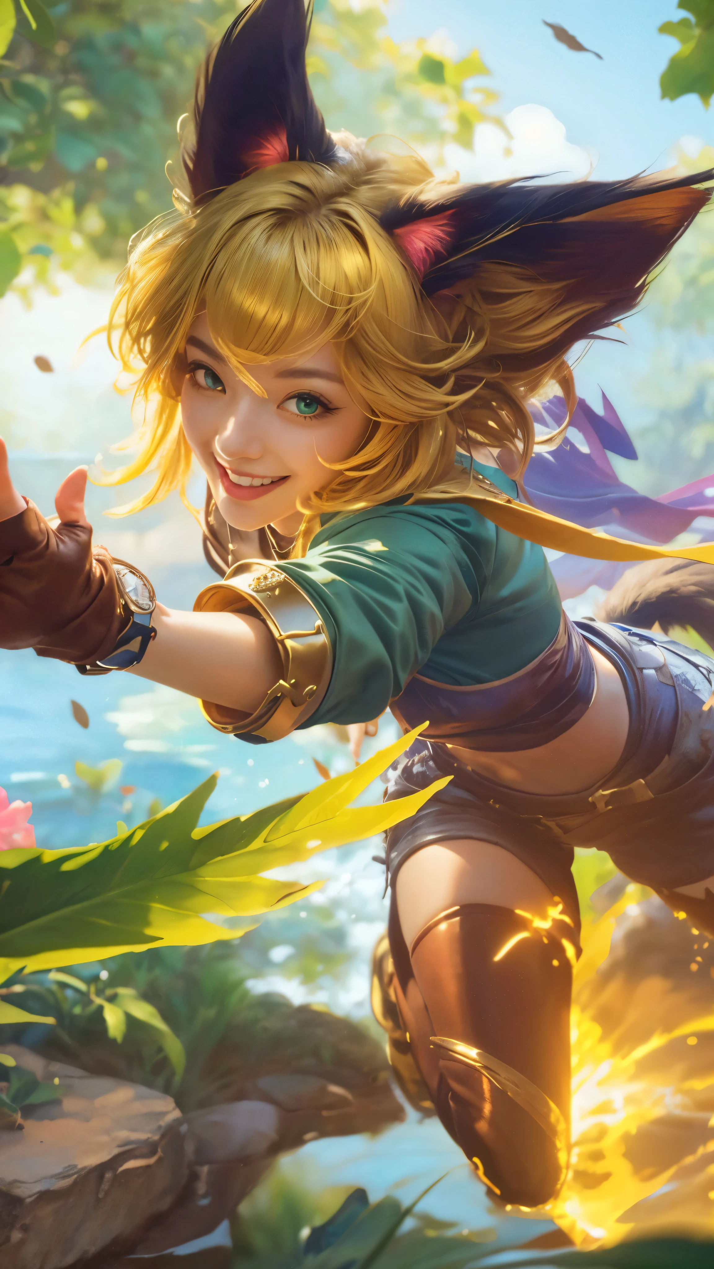 (best quality,4k,8k,highres,masterpiece:1.2), ultra-detailed, (realistic,photorealistic,photo-realistic:1.37), a girl with cat ears, a girl with a cat tail, detailed green eyes, qiyana, Artgerm style, vibrant colors, soft lighting, golden hair, green jacket, yellow high shoes with lightning, her smile is wide and radiant, happy face