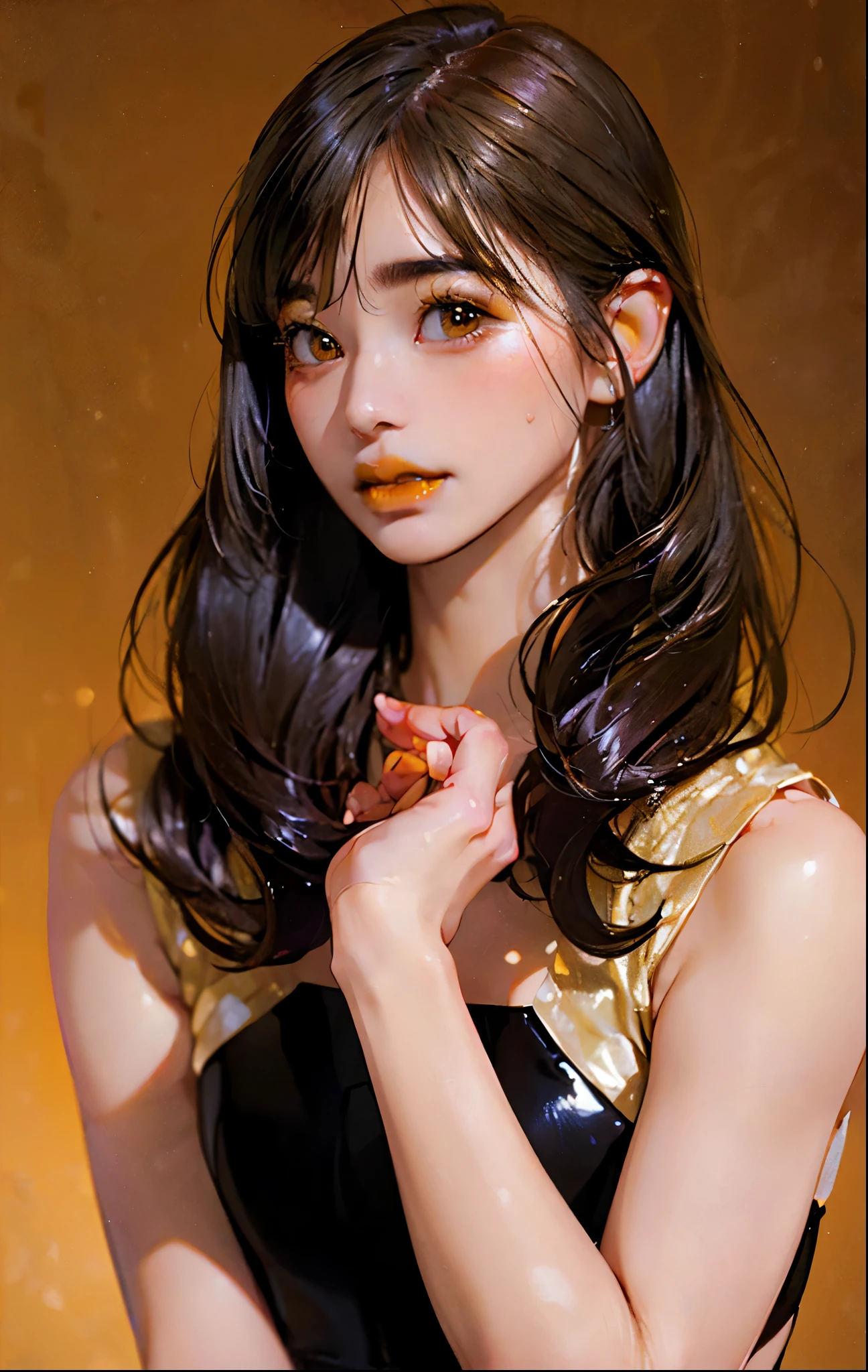 PM, (Purple Latex Suit:1), Golden Fringe Shorthair, Light brown eyes, (Japanese girl),1girl in, 27yr old, Innocence, (Photorealsitic),(top-quality:1.4), (超A high resolution:1.2), 超A high resolution, (A detailed eye), (detailed facial features), nfsw, 8k resolution, (lensflare:0.7),(oval face),(bushy eyebrows),straight eyebrows,low eyebrows,(plump lips:1.3),(glossy lips:1.3),(lipstick,yellow lips:1.2),(metallic eyeshadow),(blush),black hair,(brown eyes), wide forhead,nude,(flat chest:1.5)