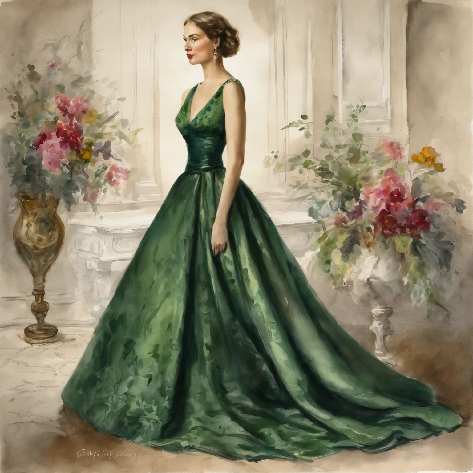 a woman in a green dress standing in a room with a painting, she wears a dark green dress, green dress, ornate dark green clothing, dark green dress, draped in velvet and flowers, vine dress, full body green dress, elegant dress, velvet with lace gown, lady with glowing flowers dress, wearing an elegant dress, velvet, romantic dress, ornately dressed