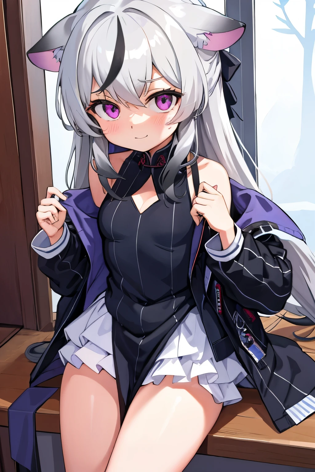 tmasterpiece， best qualtiy， ultra - detailed， 1girll，Gray hair Kokona， inside in room， Purple eye， ：3，the face  closeup cleavage,  Winter suit, winter wonder
