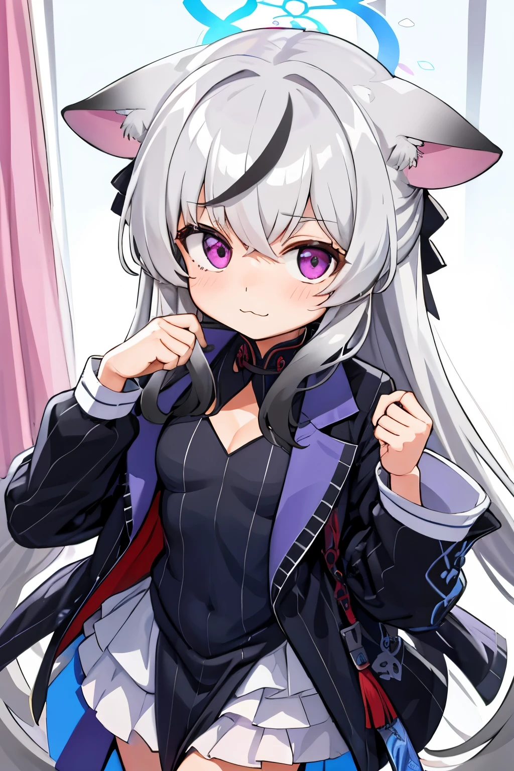 tmasterpiece， best qualtiy， ultra - detailed， 1girll，Gray hair Kokona， inside in room， Purple eye， ：3，the face  closeup cleavage,  Winter suit, winter wonder