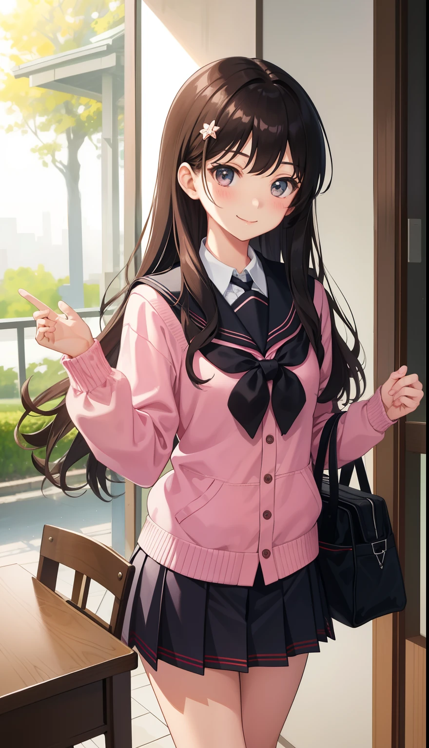 masterpiece、Highest quality、Very detailed))、One person、Black Hair、Two Side Up、Diagonal bangs、Light blue eyes、evil smile、((Grin))、((Small breasts))、((White shirt))、clavicle、A bow tie、((pink sweater cardigan))、((gray miniskirt))、Cowboy Shot、((spread legs))、Sit at a desk、Shoot from above、Classroom Background