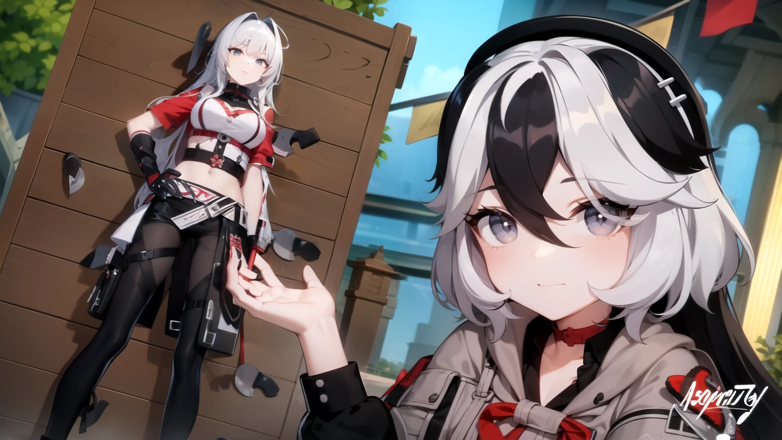 Black and white haired girl with a knife