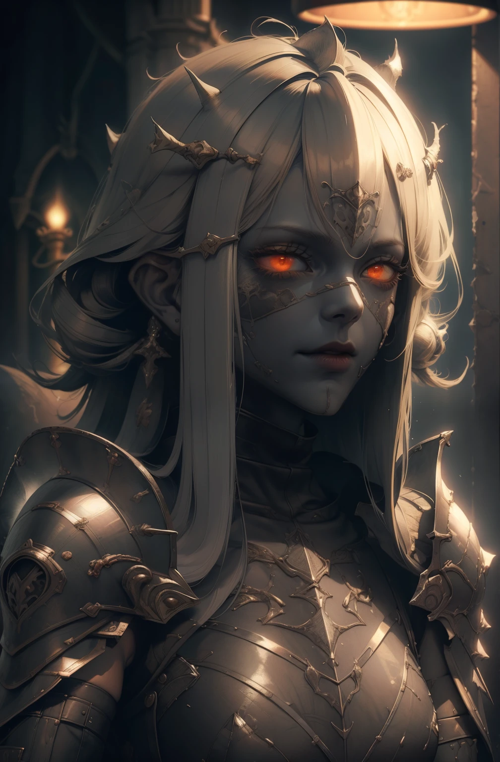 ((gloomy biopunk atmosphere)), (beautiful anime biopunk girl), (dark gray skin), lamp glowing eyes, very long brown hair, short clothing, steel dots in skin, cold lighting, (scorn videogame style), horror atmosphere, presence of something terrible, biopunk background, background by Hans Giger, perfect anatomy, masterpiece