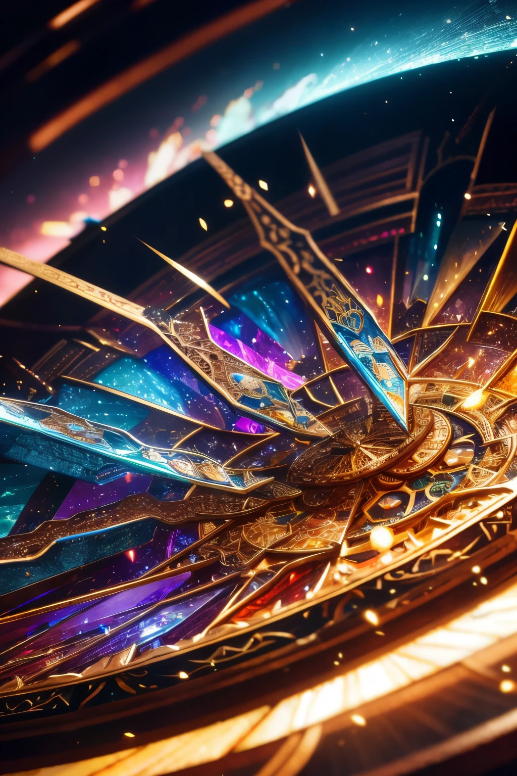 best quality, 8k, incredibly absurdres, extremely detailed, mythical world, stained glass-like image made of finely crushed shining metals plated AND shining colorful gems, steampunk, dieselpunk, clockpunk, blend art, mixture art, fractal art, art design, motion-blur, action-lines, speed-lines, wind, wind-effect, BREAK , background watercolor style with gear shape in iridescent