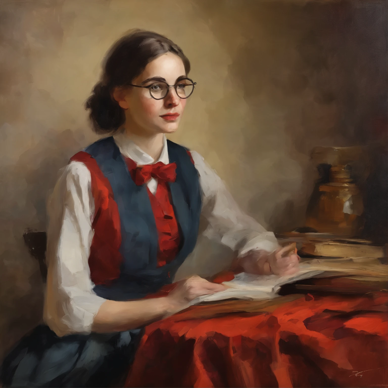 arafed woman sitting on a bed wearing a red vest and tie, a picture inspired by Hermione Hammond, instagram, renaissance, with square glasses, seifuku, she wears harry potter glasses, vintage aesthetic, kiko mizuhara, preppy style, magical school student uniform, inspired in balthus, harry potter style, 🌺 cgsociety, finn wolfhard