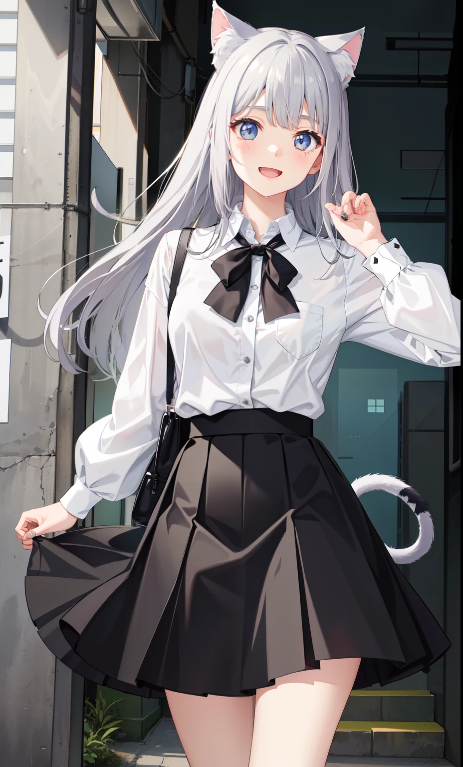 1 girl、laughter、shirt、blouse、skirt、（）I play、movement、（gray hair）、Cat ear、