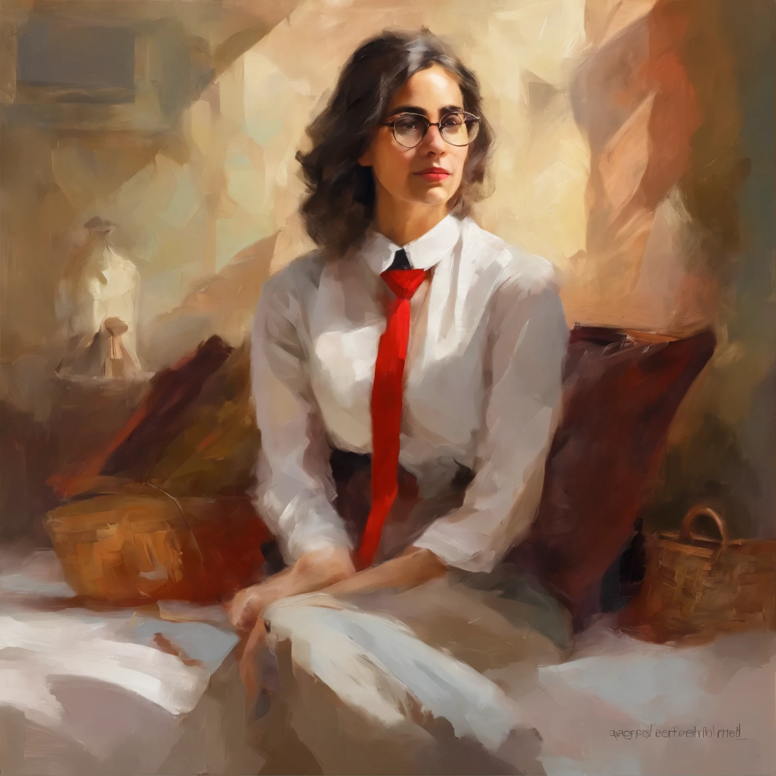 arafed woman sitting on a bed wearing a red vest and tie, a picture inspired by Hermione Hammond, instagram, renaissance, with square glasses, seifuku, she wears harry potter glasses, vintage aesthetic, kiko mizuhara, preppy style, magical school student uniform, inspired in balthus, harry potter style, 🌺 cgsociety, finn wolfhard