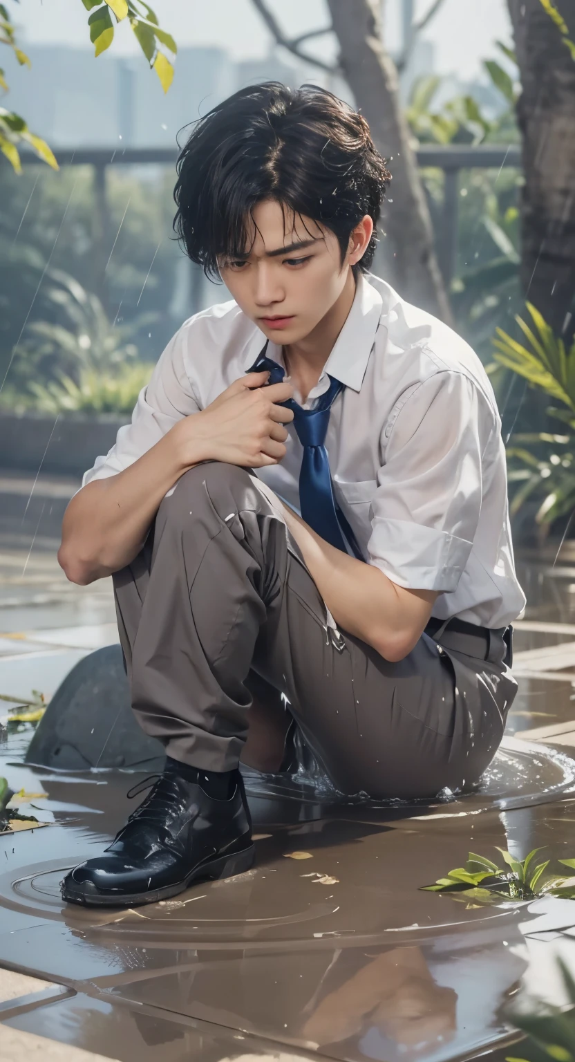 Super Realistic photography, Transparent see through white shirt, boy,(1 young boy),h resolution, Sharp focuasterpiece, ((Complicated details)), highly detailed, natsuki_subaru,Multi-view upper body,Suit pants view, 1 man,is shy,Pee on the legs,pissing,Urine runs down the thighs,embarressed,exhilarated,is shocked,panicking,worry,A small puddle of their own urine forms around the feet,full bodyesbian,kneels on the ground,Very eager to pee,It's uncomfortable,Wet yourself,Urine discharge, Sweaty crotch,Drenched,rain,The shirt is soaked,(A gesture of pleading),blue color eyes(eyes glowing), Short gray hair,white shirt,Wear a tie,Wear a belt,Black suit trousers,perspire,look from down