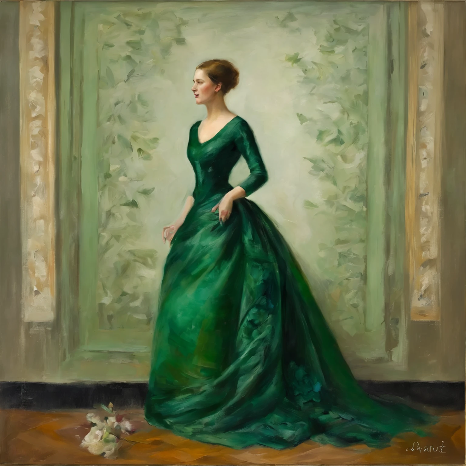 a woman in a green dress standing in a room with a painting, she wears a dark green dress, green dress, ornate dark green clothing, dark green dress, draped in velvet and flowers, vine dress, full body green dress, elegant dress, velvet with lace gown, lady with glowing flowers dress, wearing an elegant dress, velvet, romantic dress, ornately dressed