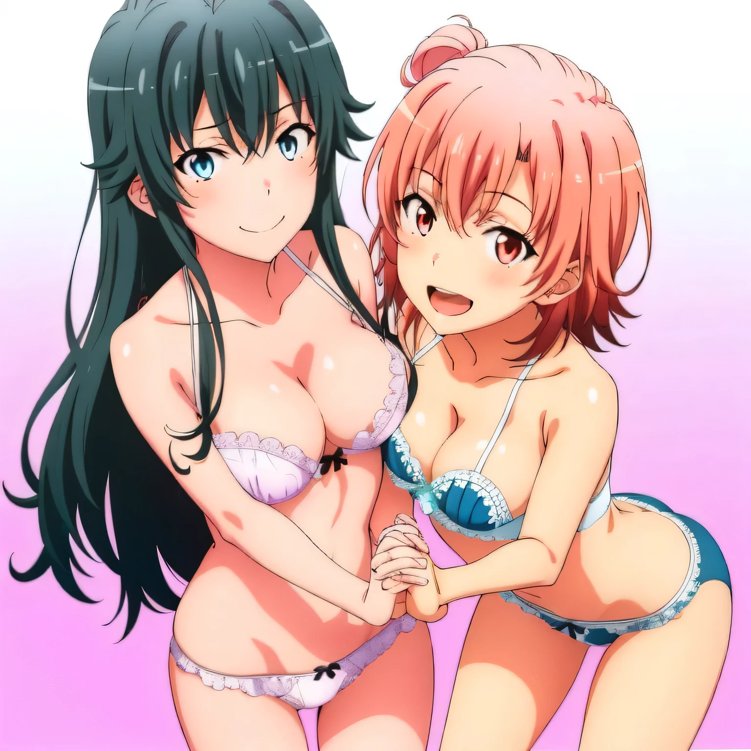 2 girls , Yukinoshita Yukino , yuigahama yui'My chest, between legs, My butt is also in good shape.., waltz dance , 私n underwear,Hold hands and spread your legs,,pink silk panties,white silk panties,between legsにスジ,thighs,high angle,open your mouth,smile,beautiful eyes,Clear eye color,