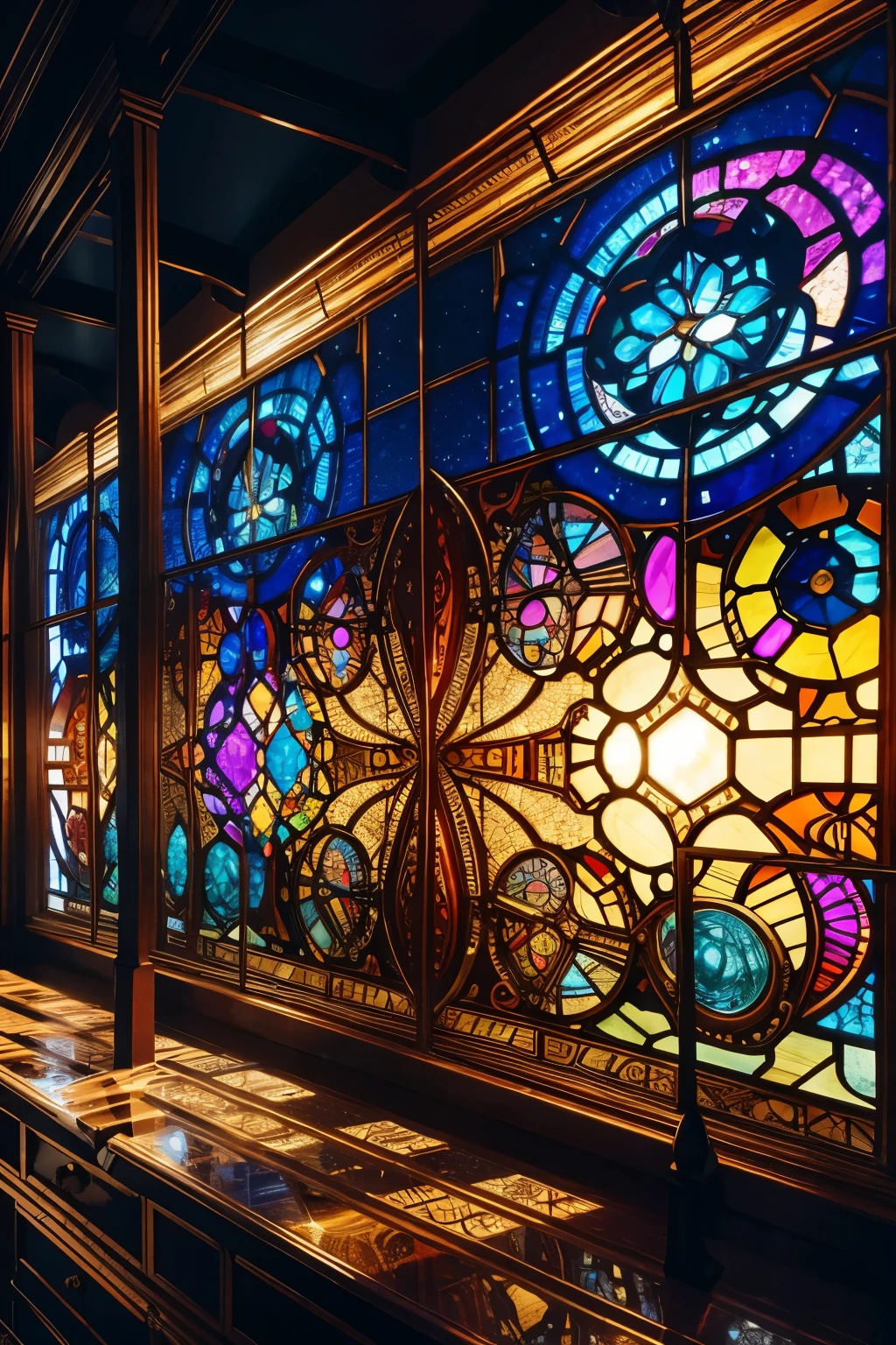 best quality, 8k, incredibly absurdres, extremely detailed, mythical world, stained glass-like image made of finely crushed shining metals plated AND shining colorful gems, steampunk, dieselpunk, clockpunk, blend art, mixture art, fractal art, art design, motion-blur, action-lines, speed-lines, wind, wind-effect, BREAK , background watercolor style with gear shape in iridescent