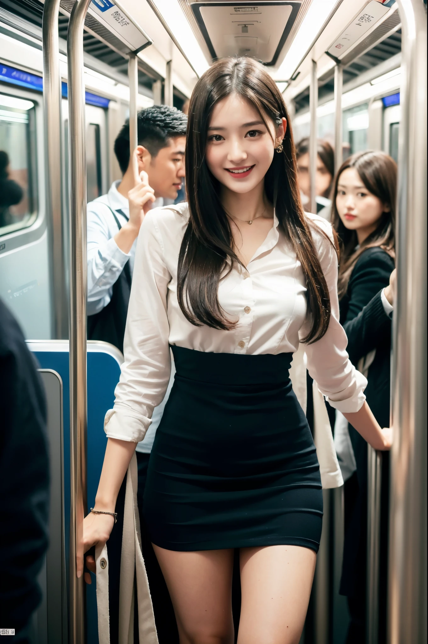 best quality, masterpiece, ultra high res, 8K, raw, (photo realistic:1.4), sharp focus, 1 girl, (detailed background:1.5), (crowded train:1.3), sexy girl, slender, varied poses, cute, 18yo, laugh, tiny breasts, black hair, hime cut, detailed clothes, white shirt, sexy mini skirt