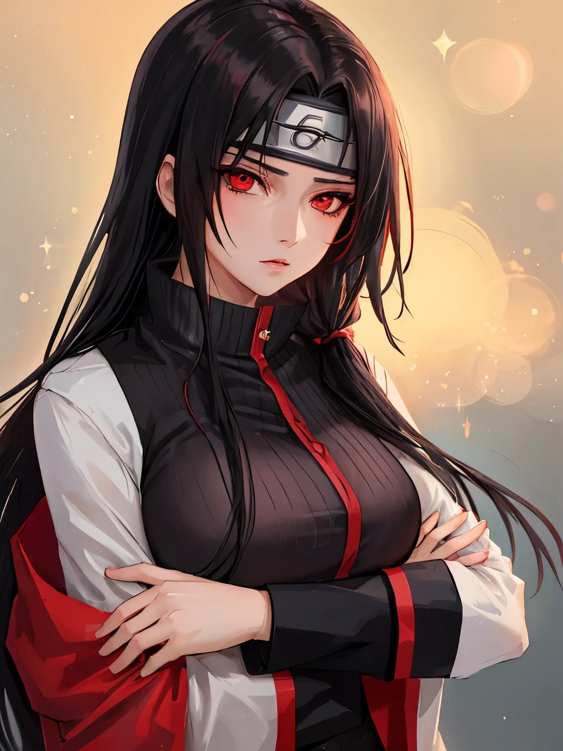 ((((like appearance)))), soothing tone, rim light, delicate eyes, bokeh background, high quality, woman itachi uchiha, ((gender bender)), red eyes, woman, alone, Konohagakure, long hair, Upper body, Sexy clothing, Tempting, Big breasts, ninja 