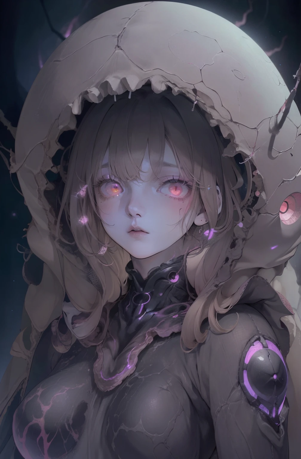 ((gloomy biopunk atmosphere)), (beautiful anime biopunk girl), (dark gray skin), lamp glowing eyes, very long brown hair, short clothing, steel dots in skin, cold lighting, (scorn videogame style), horror atmosphere, presence of something terrible, biopunk background, background by Hans Giger, perfect anatomy, masterpiece