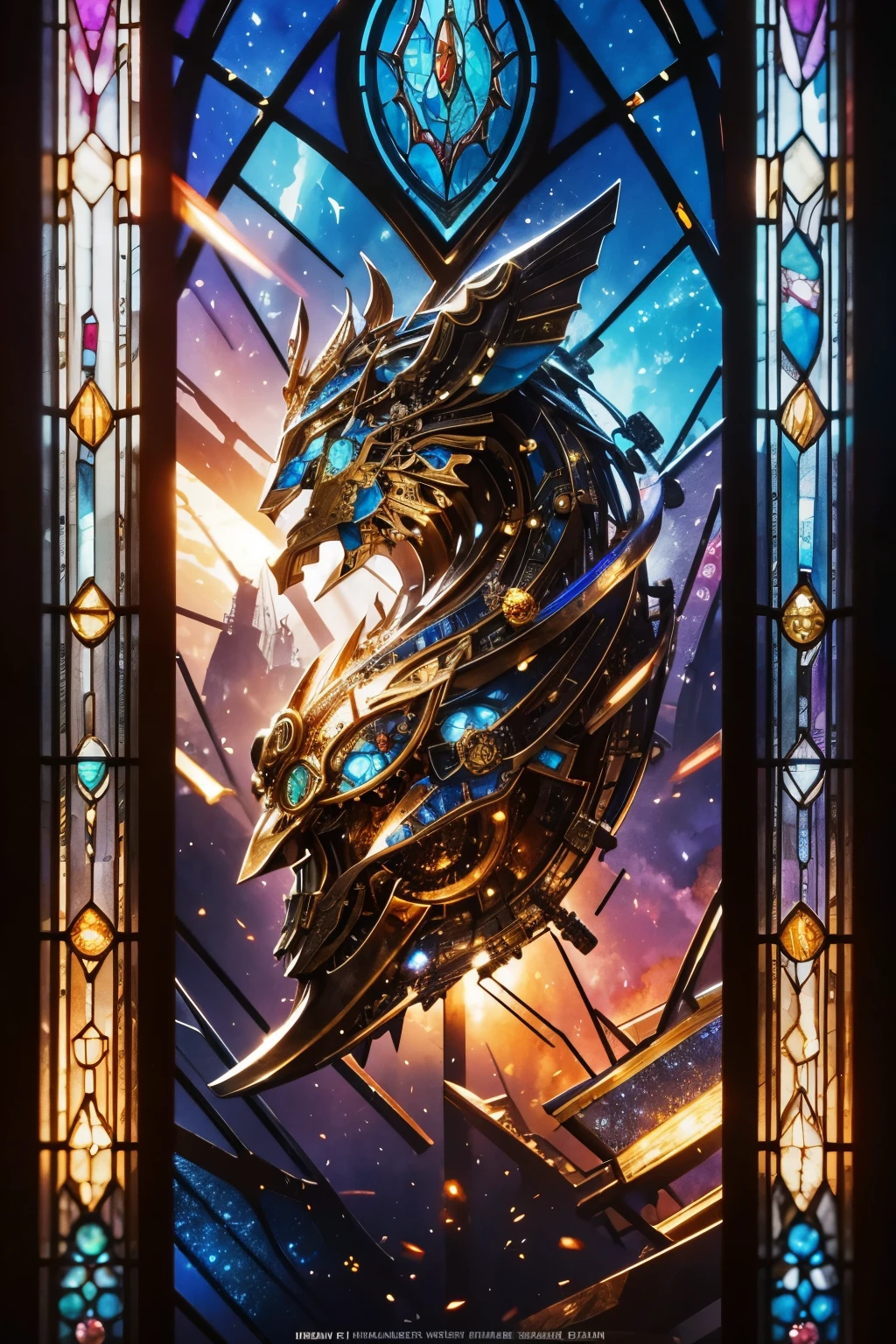 best quality, 8k, incredibly absurdres, extremely detailed, mythical world, stained glass-like image made of finely crushed shining metals plated AND shining colorful gems, steampunk, dieselpunk, clockpunk, blend art, mixture art, fractal art, art design, motion-blur, action-lines, speed-lines, wind, wind-effect, BREAK , background watercolor style with gear shape in iridescent