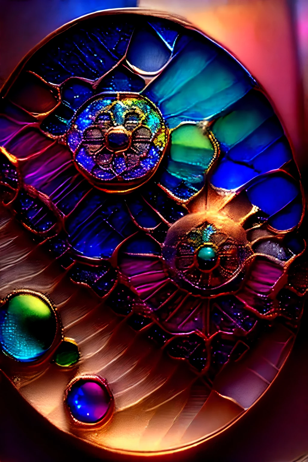 best quality, 8k, incredibly absurdres, extremely detailed, mythical world, stained glass-like image made of finely crushed shining metals plated AND shining colorful gems, steampunk, dieselpunk, clockpunk, blend art, mixture art, fractal art, art design, motion-blur, action-lines, speed-lines, wind, wind-effect, BREAK , background watercolor style with gear shape in iridescent