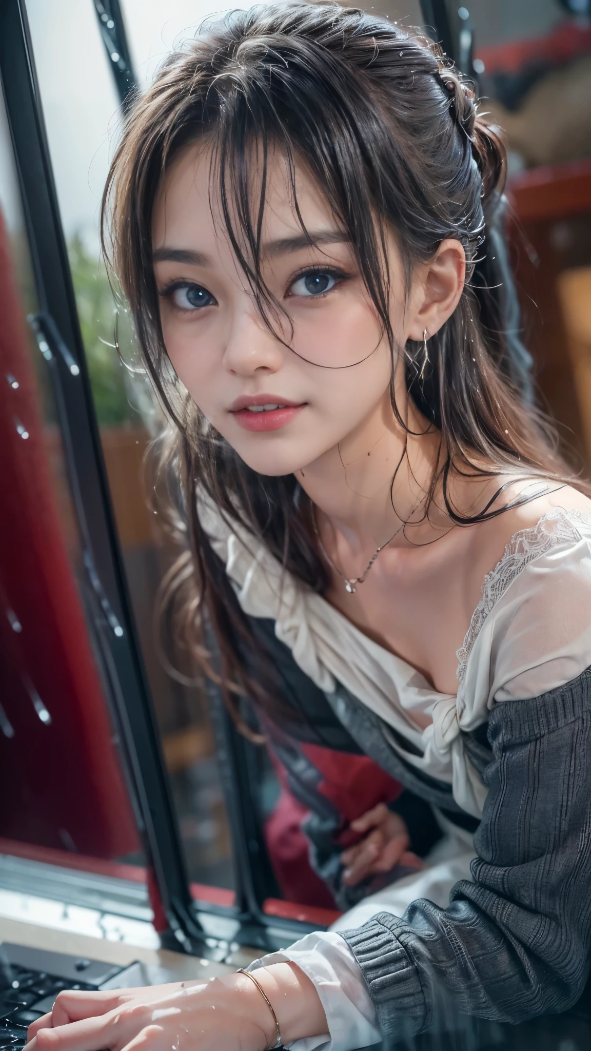 (RAW shooting, Photoreal:1.5, 8K, highest quality, masterpiece, ultra high resolution), perfect dynamic composition:1.2, street corner at night, look up at the sky:1.3, (((Typhoon heavy rain))), Highly detailed skin and facial textures:1.2, Slim office lady wet in the rain:1.3, sexy beauty:1.1, perfect style:1.2, beautiful and aesthetic:1.1, Fair skin, very beautiful face, water droplets on the skin, (rain drips all over my body:1.2, wet body, wet hair:1.4, wet office skirt:1.2, wet office lady uniform:1.3), belt, (Medium chest, Bra is transparent, Chest gap), (look of resignation, embarrassing smile, The expression on your face when you feel intense caress, Facial expression when feeling pleasure), (beautiful blue eyes, Eyes that feel beautiful eros:0.8), (Too erotic:0.9, Bewitching:0.9), cowboy shot, Shoulder bag, necklace, earrings, bracelet, clock