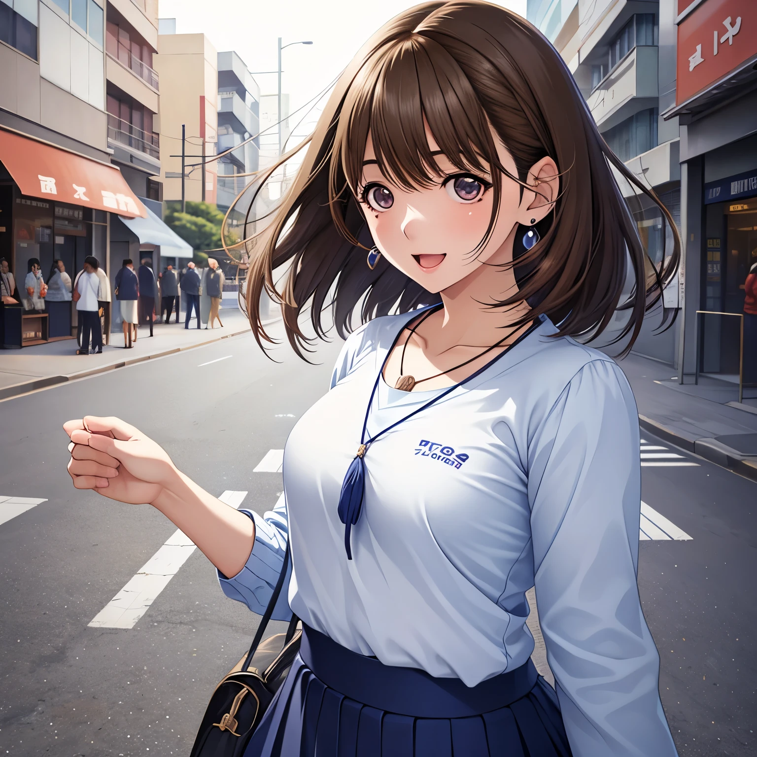High resolution,8K,highest quality,detailed,semi-realistic anime,anime 3d style,smooth anime CG,1 girl,20 year old female living in Japan,slim,modeled,shiny chestnut hair,medium hair,detailed face,beautiful and detailed eyes,glowing skin,(Long sleeve top、long skirt),earrings beautiful,necklace,Tag, light shines, outdoor, (street:0.8), (people, 大勢のpeopleが集まる:1),美しいdetailedの空, (dynamic pose:0.8),hard focus、film grain,soft lighting,Wind,looking at the viewer,smile with open mouth