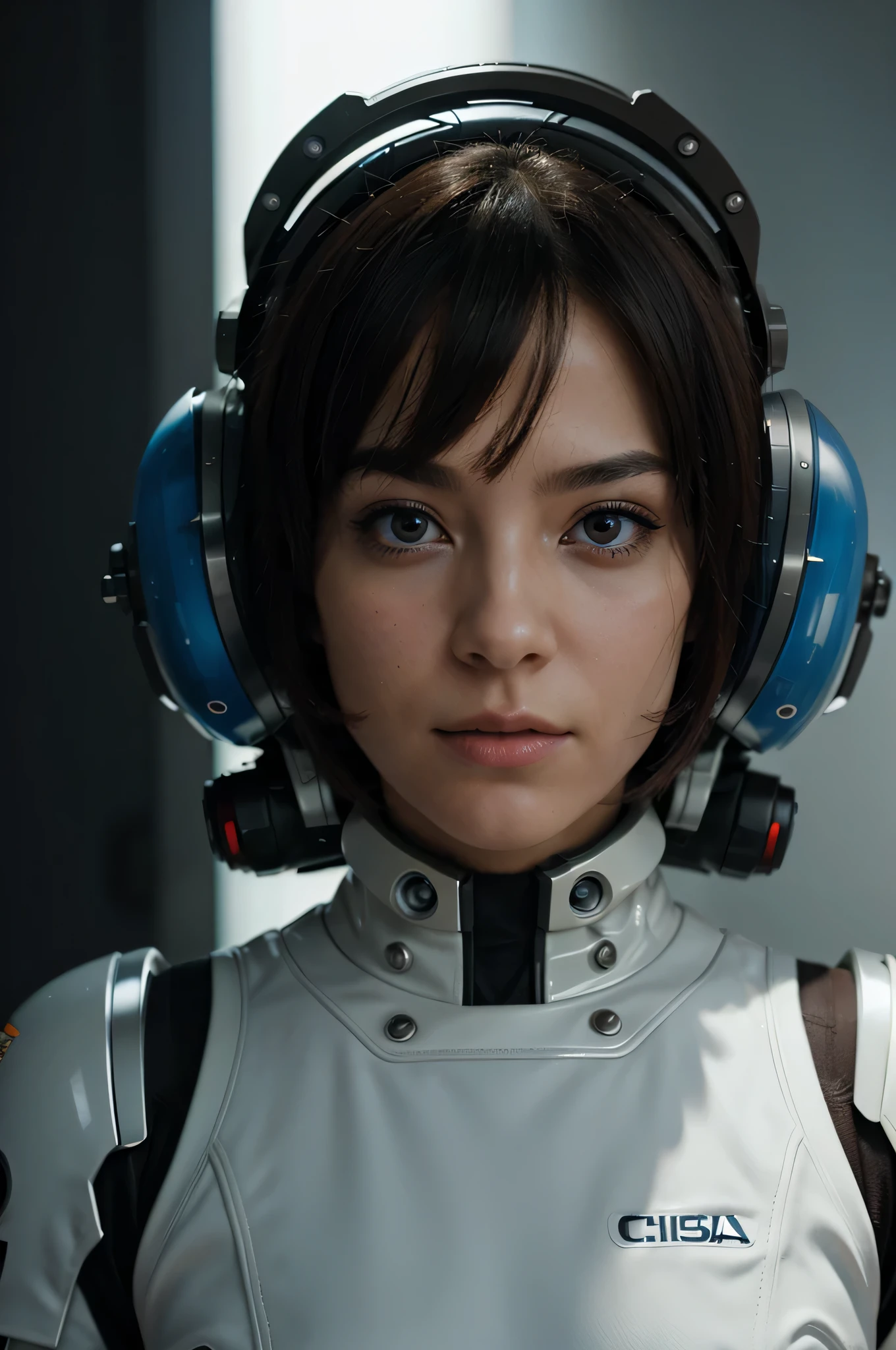 A close-up of a person wearing a helmet with a futuristic design, Diosa Cyborg en el cosmos, chica en el espacio, retrato anime chica cadete espacial, Retrato Astronauta blindado Chica, retrato hermosa chica de Science fiction, retrato de un cyborg espacial, intrincado estilo anime cgi adornado, Science fiction digital art illustration, arte digital de Science fiction, Oh!. Science fiction
