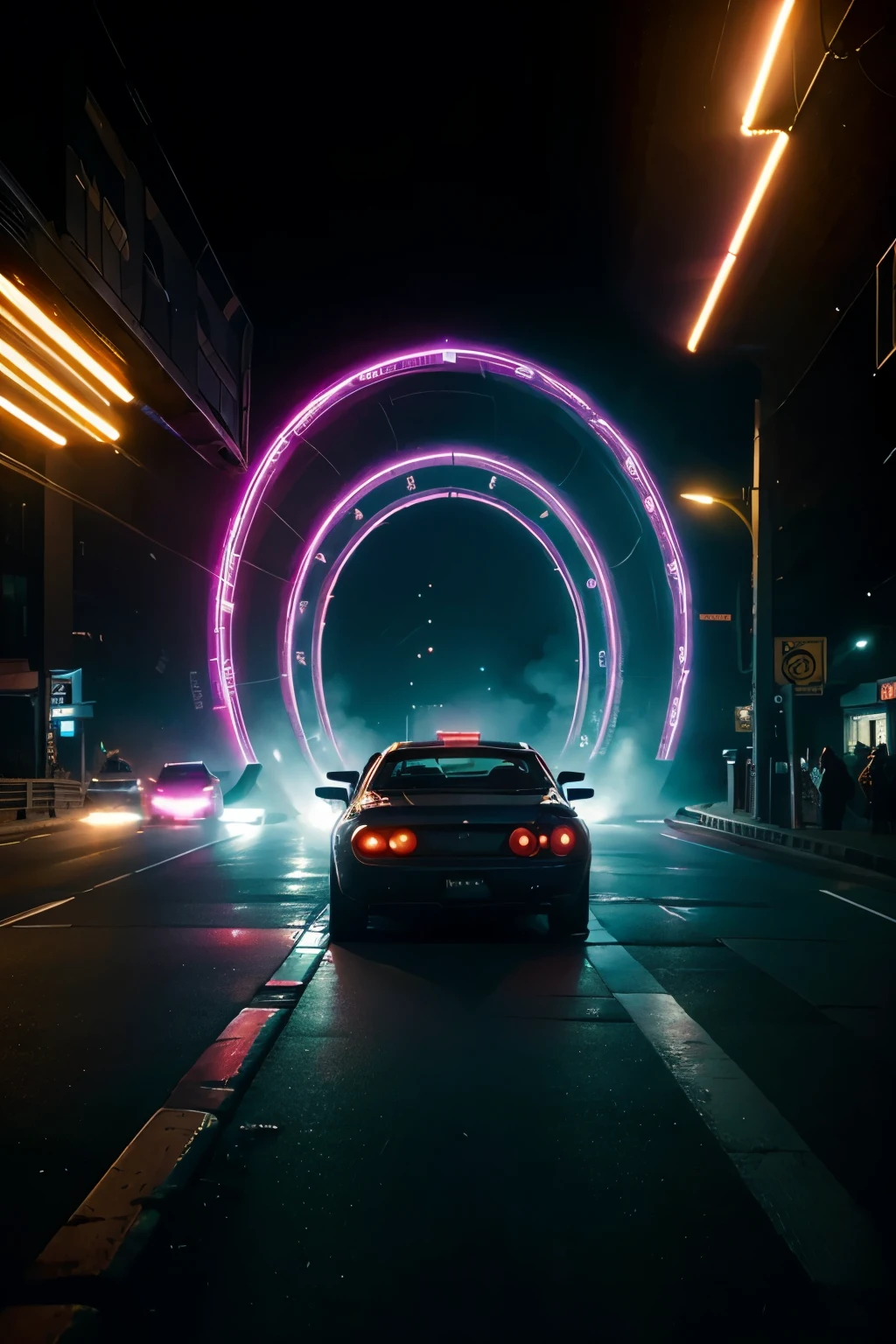 A car speeding towards a giant looping road in cyberpunk style