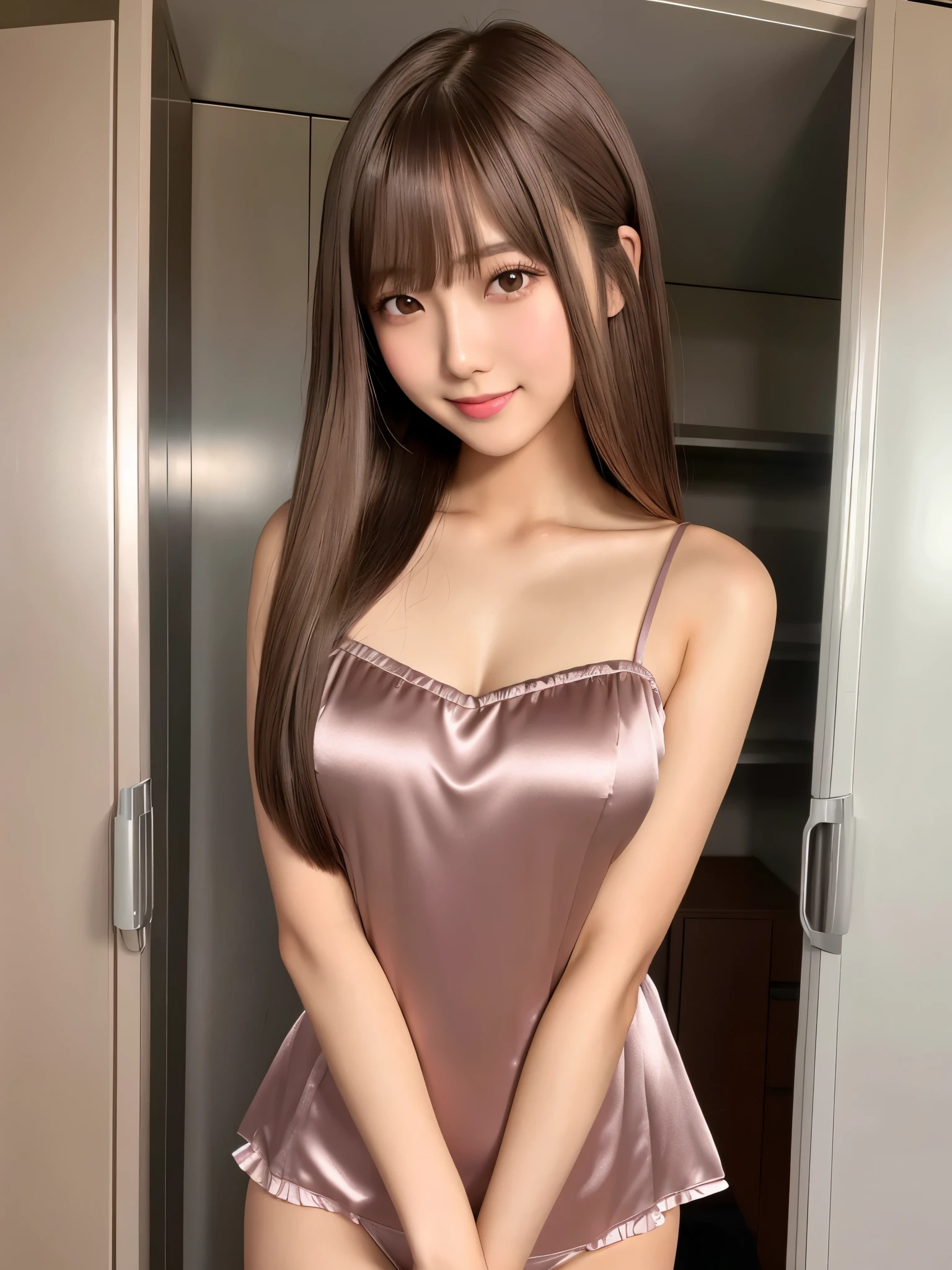 product quality, 1girl, upper body shot, front view, a Japanese young pretty girl, long bob hair, standing with a big smile in a high school locker room, glamorous figure, wearing a shiny satin pink chemise over white silk panties, hyper cute face, glossy lips, double eyelids in both eyes, natural makeup, long eyelashes, shiny smooth light brown long bob hair, asymmetrical bangs, a tanned skin, central image, high resolution, high detail, detailed hairstyle, detailed face, spectacular cinematic lighting, octane rendering, vibrant, hyper realistic, perfect limbs, perfect anatomy