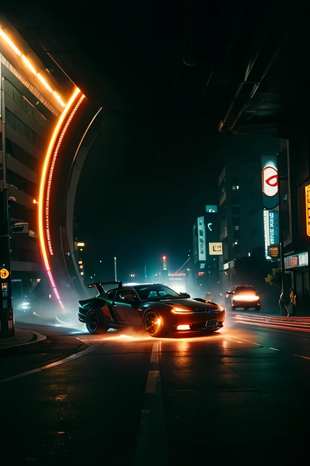 A car speeding towards a giant looping road in cyberpunk style