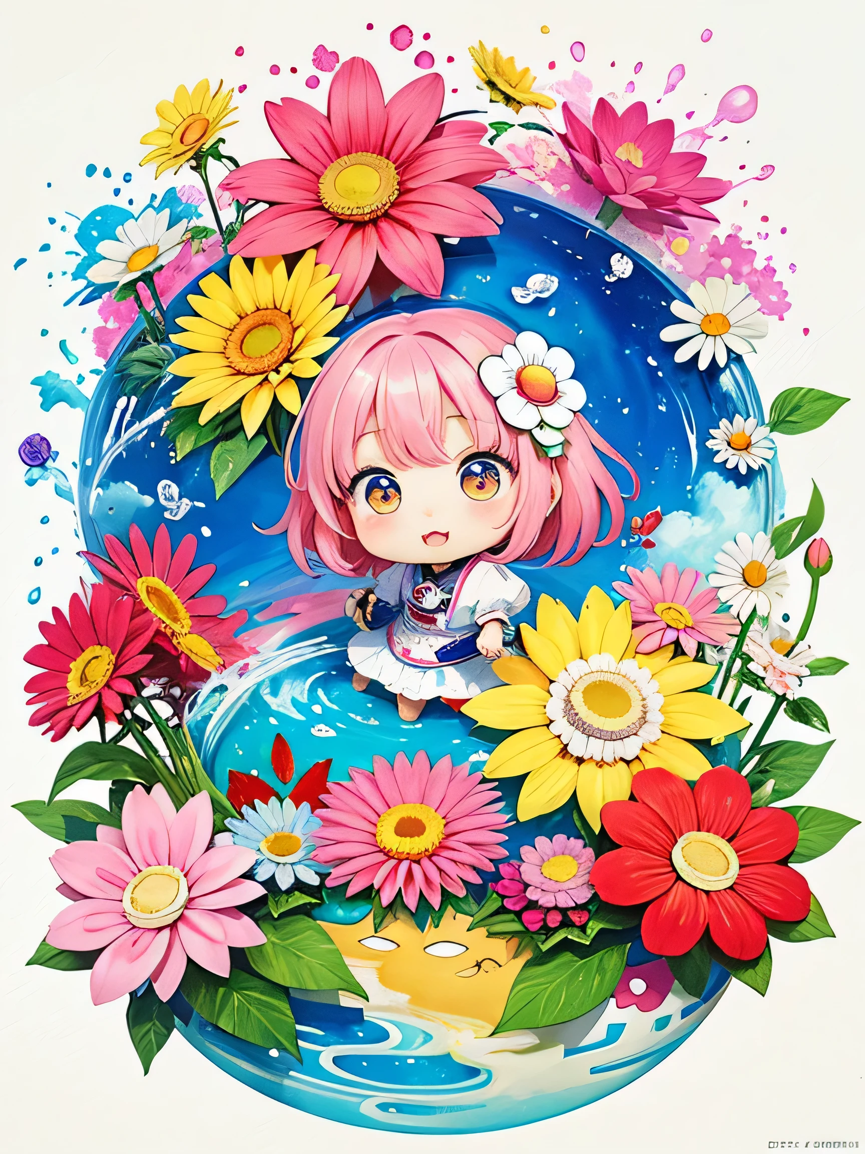 8K quality, Takashi murakami'illustration of, intense watercolor, watercolor detailed art, watercolor splash, surreal, avant-garde pop art, Beautiful and expressive paintings, 美しいアートワークillustration of, very colorful tones, wonderful, cool beauty, highest quality,official art, vector art,stylish design, (((Chibi)))、(((1 cute kitten))), (((highest quality))), HDR, ((Detailed details)), (((graffiti art))), ((masterpiece))、((Super detailed))、(((colorful flower floating city)))