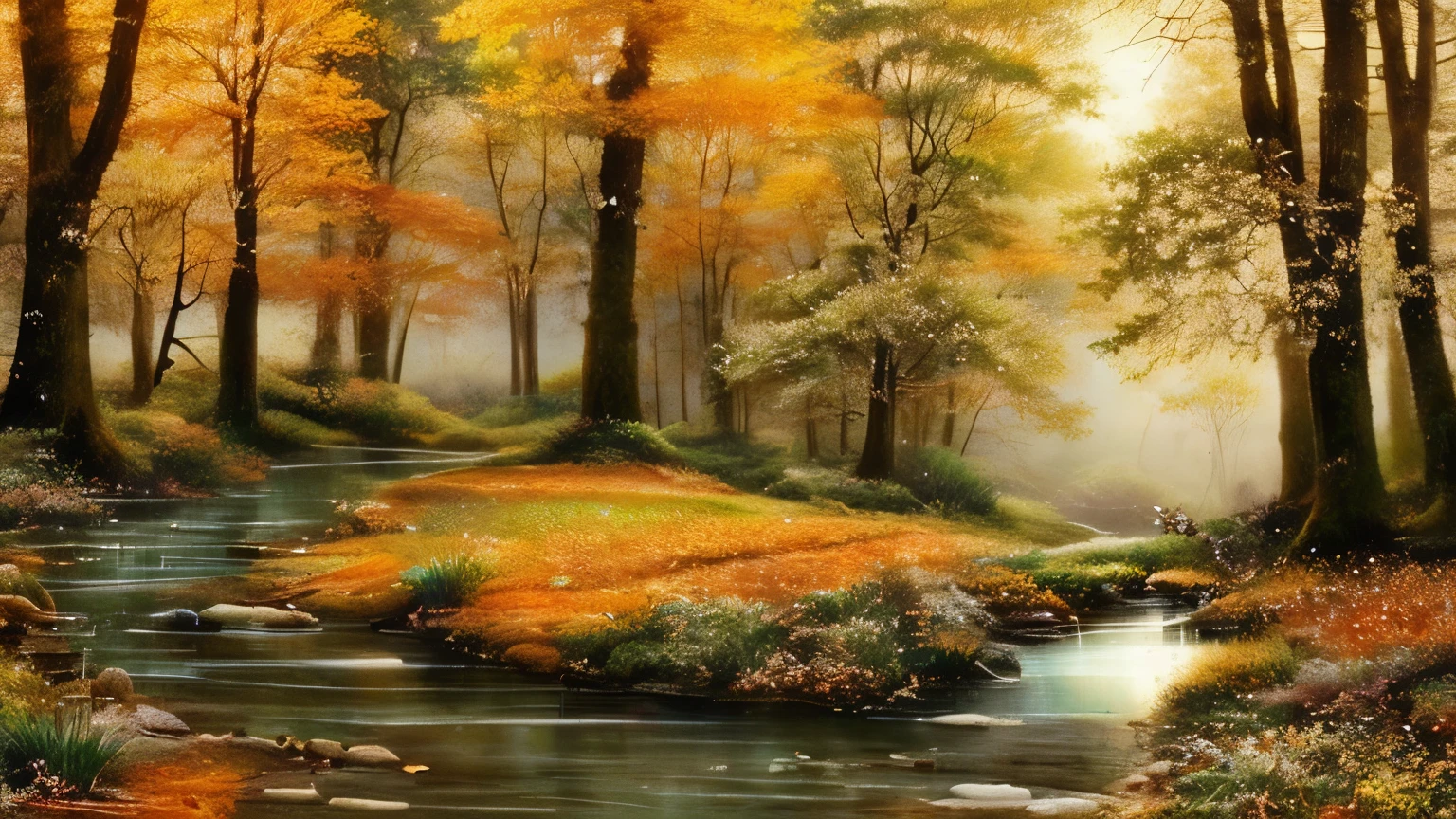 (best quality,4k,8k,highres,masterpiece:1.2),ultra-detailed,(realistic,photorealistic,photo-realistic:1.37),pre-Raphaelite painting,celtic,mystical,enchanting,captivating,forest scene,autumn colors,golden leaves,ancient oak trees,tall and majestic,oak trees reaching towards the sky,sunlight filtering through the leaves,soft and warm illumination,misty atmosphere,whispering wind,wisp of fog,serene and tranquil ambiance,peaceful and secluded,gentle rustling of leaves,ethereal and magical,moss-covered ground,carpet of fallen leaves,small delicate flowers peeking through the undergrowth,vibrant shades of green and orange,harmonious color palette,subtle earthy tones,a sense of mystery and wonder,timeless and nostalgic,visionary and dreamlike.