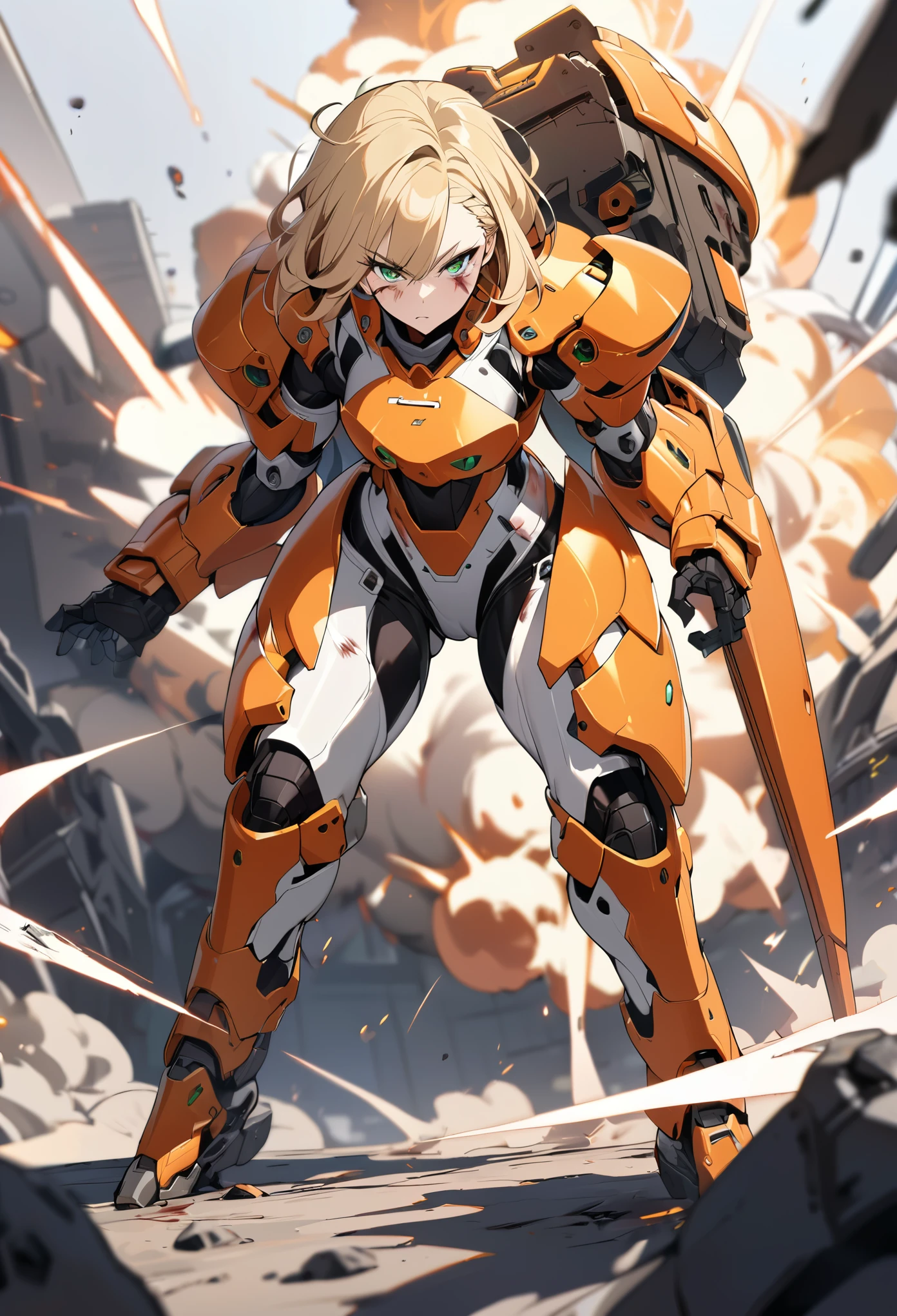 1girl,solo,Sala,original,blonde hair,green eyes,white body suit,in garage,standing behind the bike,looking at bike,Bike in front of the girl,Science fiction,ultra-detailed,sharp focus,(best quality)