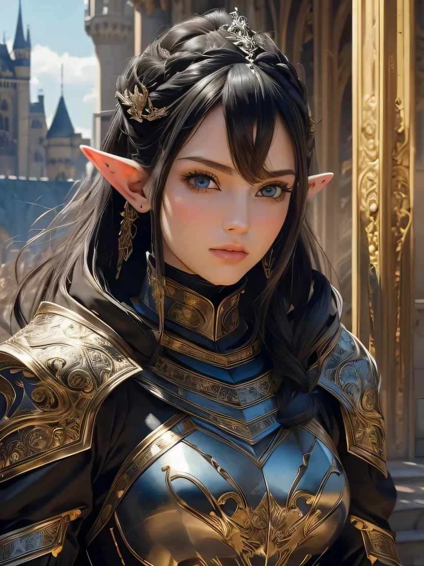 ((masterpiece、highest quality、super detailed、High resolution、sharp focus、cinematic lighting))、((One female、bust shot))、Portrait of a beautiful female elf 、40 years old、elaborately patterned cloth cloak、Textured black leather armor and leggings、Black plate armor with delicate carvings、black leather gloves、tall height、well-proportioned body shape、、((black hair ponytail))、blue eyes、highly detailed face、Fine ears、view audience、Detailed depiction of hands、Beautiful medieval cityscape and castle in the background、Detailed background depiction、oil painting