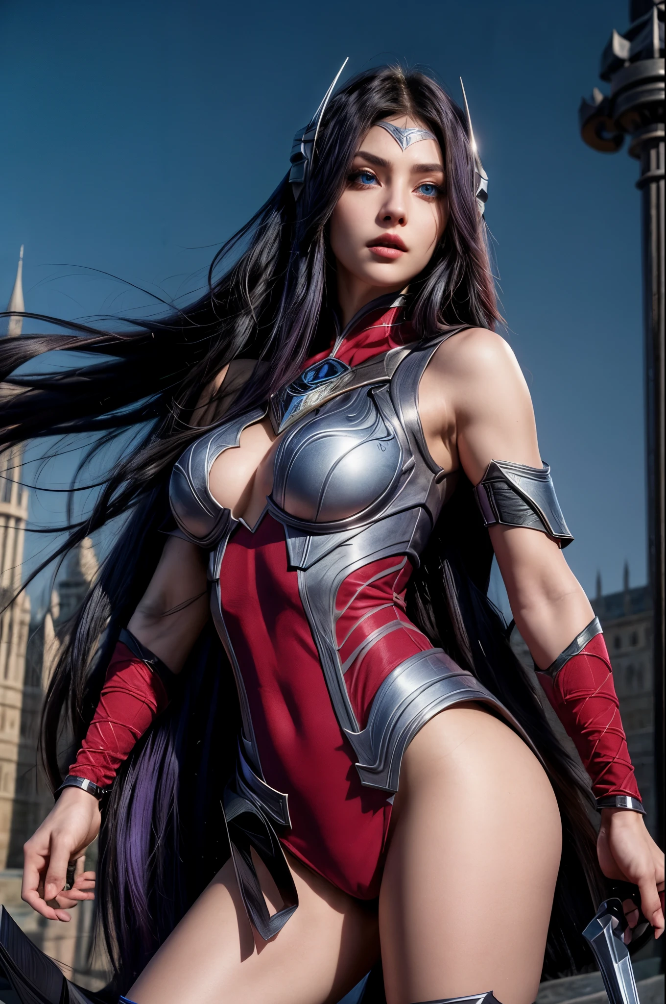 1girl, long hair, ((blue eyes)), solo, black hair, Irelia, looking at viewer, purple hair, armor, lips, shoulder armor, foreshortening, symmetrical eyes, sexy pose, medieval background, medium breasts,