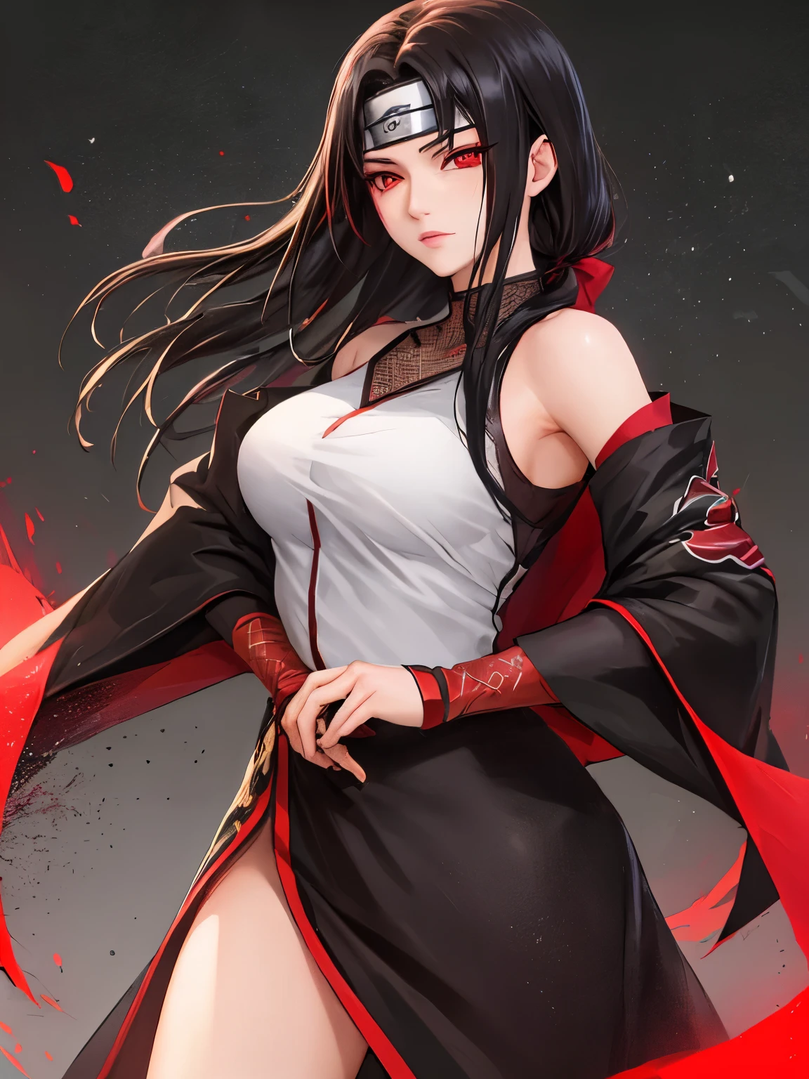 ((((like appearance)))), soothing tone, rim light, delicate eyes, bokeh background, high quality, woman itachi uchiha, ((gender bender)), red eyes, woman, alone, Konohagakure, long hair, combat moves, Sexy clothing, Tempting, Big breasts, ninja