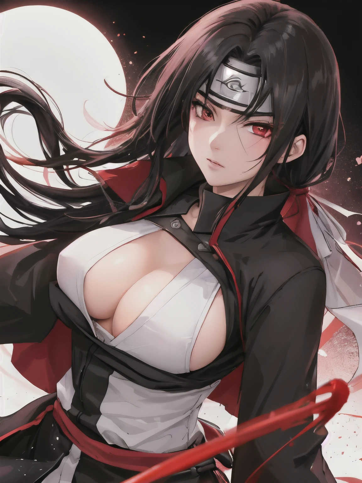 ((((like appearance)))), soothing tone, rim light, delicate eyes, bokeh background, high quality, woman itachi uchiha, ((gender bender)), red eyes, woman, alone, Konohagakure, long hair, combat moves, Sexy clothing, Tempting, Big breasts, ninja 