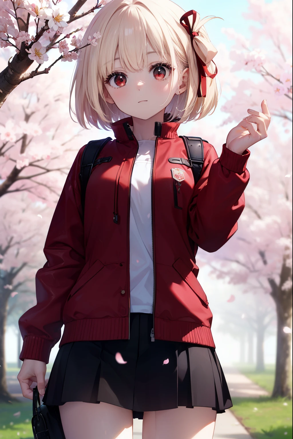 chisatonishikigi, nishikigi chisato, short hair, bangs, blonde hair, (red eyes:1.5), hair ribbon, one side up, bob cut,riders jacket,sweater,Leather pan,short boots,両腕で教科書を持ってThere is,spring,The cherry blossoms are scattered,There is,桜が咲いてThere is,
break outdoors,University　school building,
break looking at viewer, (cowboy shot:1.5),
break (masterpiece:1.2), highest quality, High resolution, unity 8k wallpaper, (shape:0.8), (fine and beautiful eyes:1.6), highly detailed face, perfect lighting, Very detailed CG, (perfect hands, perfect anatomy),