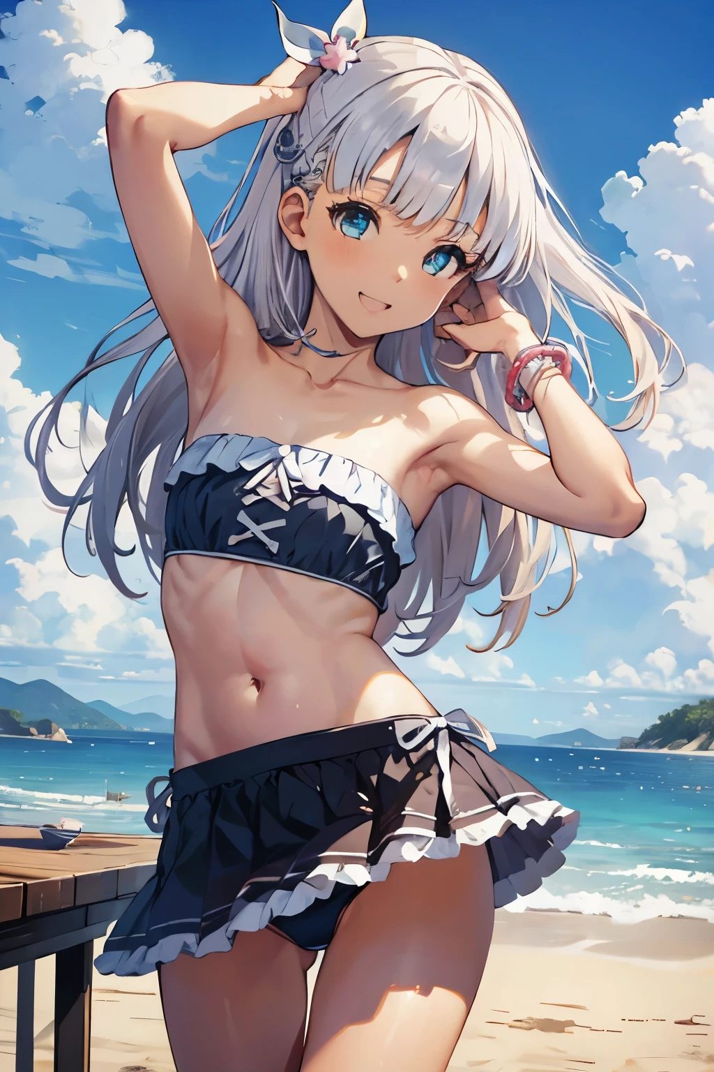 (table top, highest quality:1.4), (Super detailed:1.2), {figure,like a painting}, {studio light, like a painting}, [best shadow], (Konishi CSA:1.2)_(Jiutiaozi:1.05), (Alpha CDE:1.3)_(Gamma CDE:1.15), break (perfect anatomy), (symmetrical eyes, Super detailed eyes, beautiful eyes), (sharp eyeliner, Super detailed face, beautiful face), 素敵なhandの破壊, 完璧なhand, グイド・ダニエレのhand, break 1girl, alone, hair ribbon, (one piece) work, (Bright colors) のbikini, bikini, (のbikini) , (hand) Scrunchie, (jewelry) ハンドScrunchie, clavicle, bare shoulders, belly button, barefoot, break looking at viewer, cowboy shot, towards the audience, smile, open your mouth, (outdoor, beach, sky porn), break