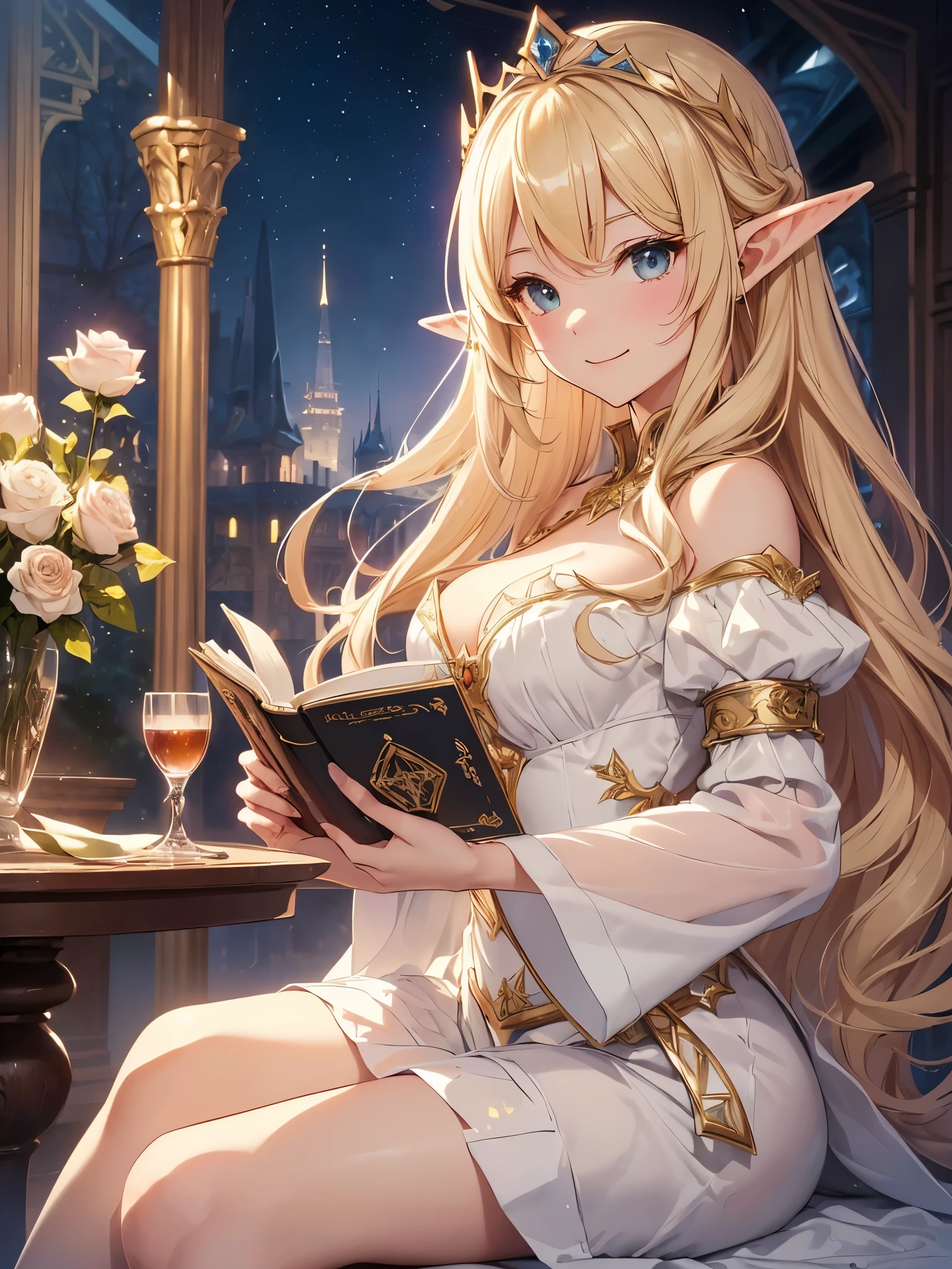 highest quality、Highest image quality、masterpiece、beautiful profile、、Titania、Super beautiful elf beauty((22 years old OL big bust、bust 90,beautiful long ironed hair、blonde、Height: 165cm。slender、sexy、Esbian、beautiful tiara、night、High quality、美しいart、background((starry ski)))muste piece、ビジュアルart、Depth of the bounds written、、elf ears、光のmagic、universe、A happy smile、gentle light、Elven Forest、tea、reading、elegant、ticker beautiful decorative、marble columnystical　rosa、Rose、　the sky、beautiful dressy、beautiful dress、table、giant galaxy、myth、ART、Lord of the Ring、sexy、friendly smile、Fantastic、universeのmagic、Earth、magicの光、fantasy、flower、super REALITYたくさんのRose、magic、universeを飛ぶ、、Grow fantasy、、mysteryの光、byzantine、Art nouveau、alphonse　Mucha、、art、art,mystery,UHD,magicalgentle light,sexy、nsfw