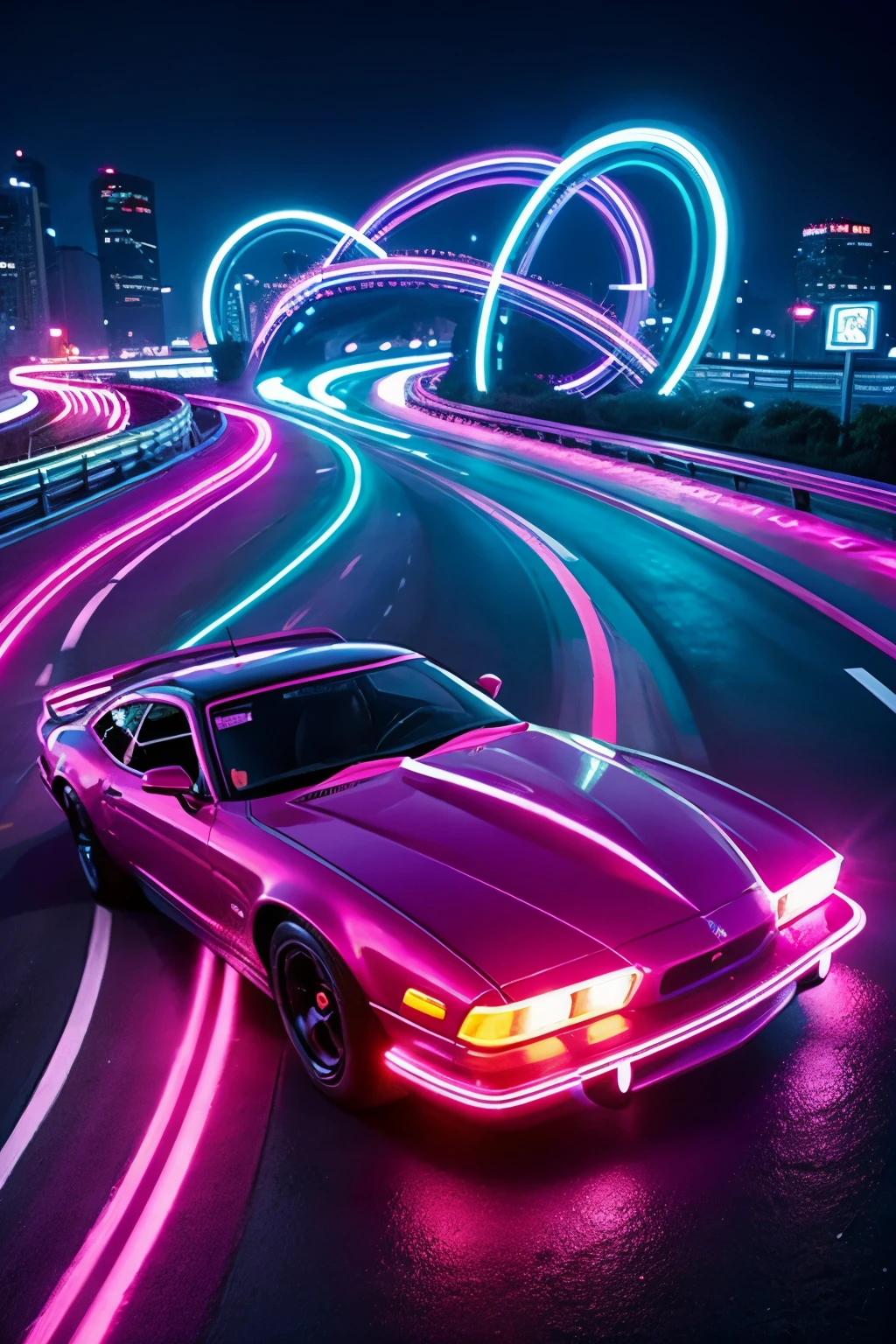 A car running very fast towards a giant looping road, neon colors