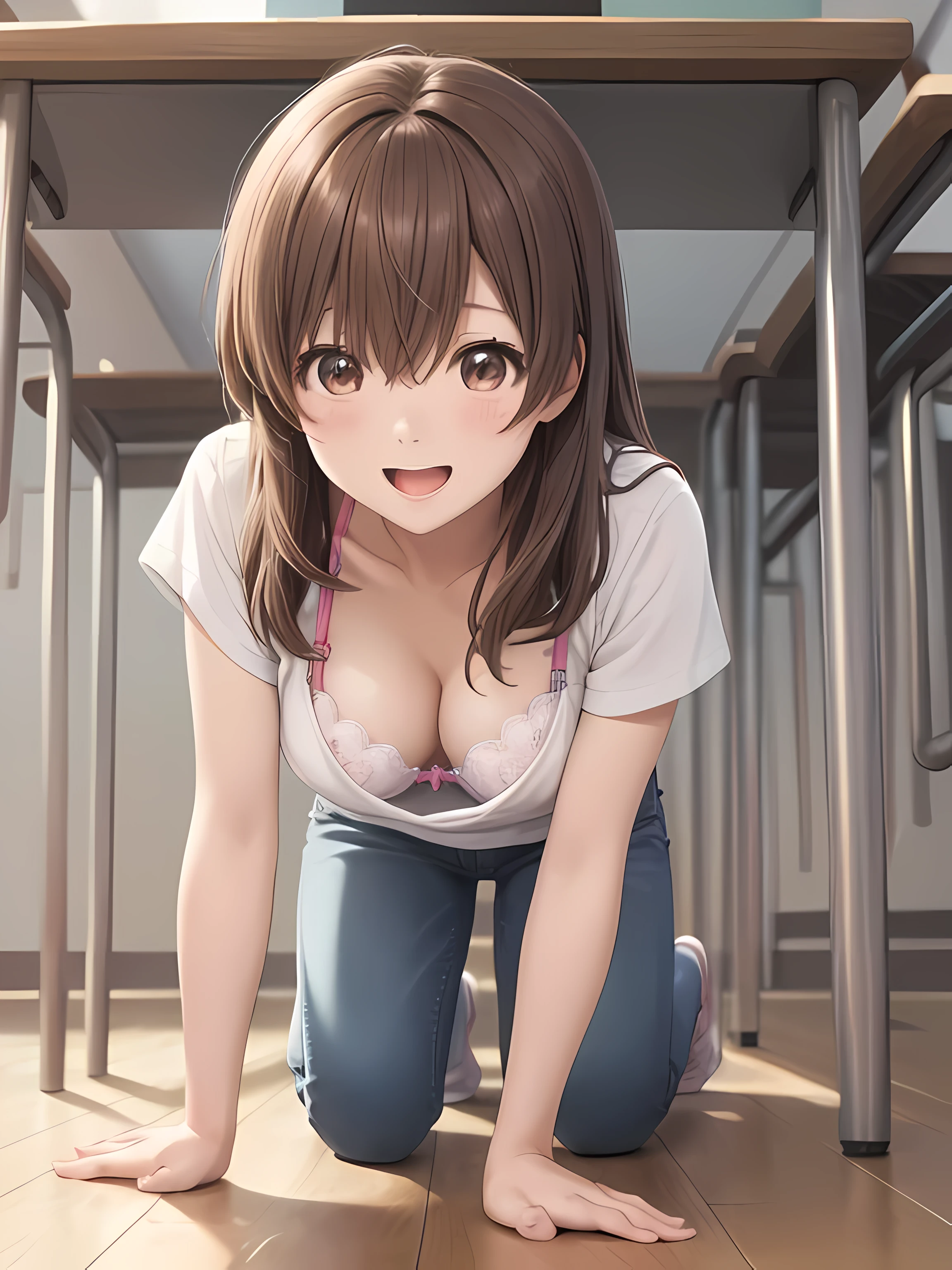 (masterpiece, highest quality),
1 girl, close up of face, (From before:1.2), (crawl on all fours on the floor:1.2), (look down:1.2),
break girl, evidence_Nishinomiya, 10,light brown hair, long hair, shiny hair, (Beautiful and detailed brown eyes), (big breasts:0.9), beautiful face, 
Break Casual, jeans, T-shirt, down blouse, (good:1.2), chest gap, saggy breasts, 
smile, open your mouth,
Break Background Class,
