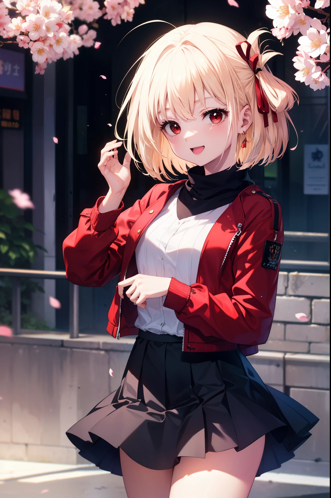 chisatonishikigi, nishikigi chisato, short hair, bangs, blonde hair, (red eyes:1.5),happy smile, smile, open your mouth,skirt, , hair ribbon, one side up, bob cut,riders jacket,sweater,Leather pan,short boots,両腕で教科書を持ってThere is,spring,The cherry blossoms are scattered,There is,桜が咲いてThere is,
break outdoors,University school building,
break looking at viewer, (cowboy shot:1.5),
break (masterpiece:1.2), highest quality, High resolution, unity 8k wallpaper, (shape:0.8), (fine and beautiful eyes:1.6), highly detailed face, perfect lighting, Very detailed CG, (perfect hands, perfect anatomy),