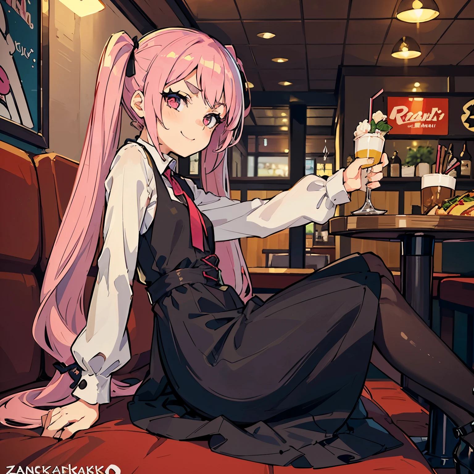 Young girl with pink hair, long twintail hairstyle, small bushy eyebrows, wearing gothic ta clothes, loli(Zankuro) drawing style by zankuro artist, Zancrow style, image uploaded in R34, walking in the mall, flirty smile , suddenly having sex in public, sitting on your side ((public sex in a restaurant)) ((lying on her side))