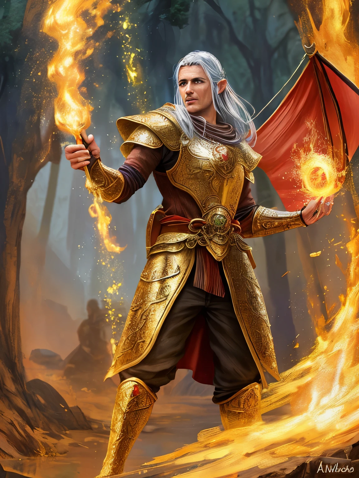 Hombre alfa de elfo,  con armadura doradas,  con reflejos de fuego, hyper realistic in a fantasy world, imponente con fondo a los lejos de dragones volando